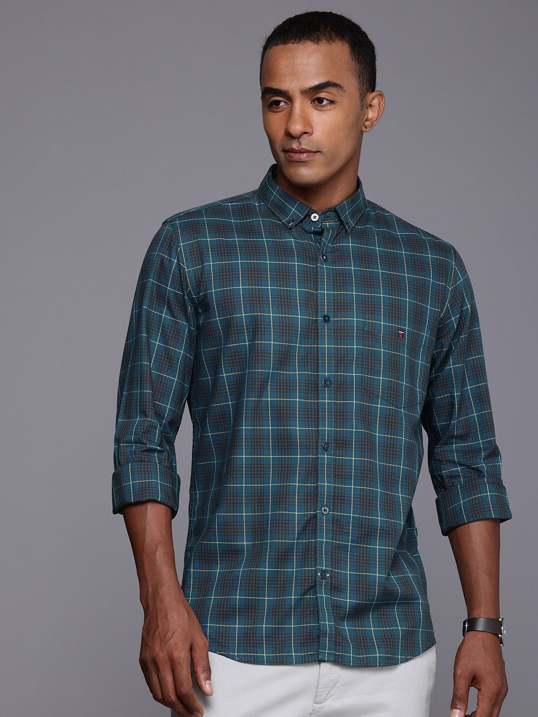 

Louis Philippe Sport Pure Cotton Super Slim Fit Checked Casual Shirt, Teal
