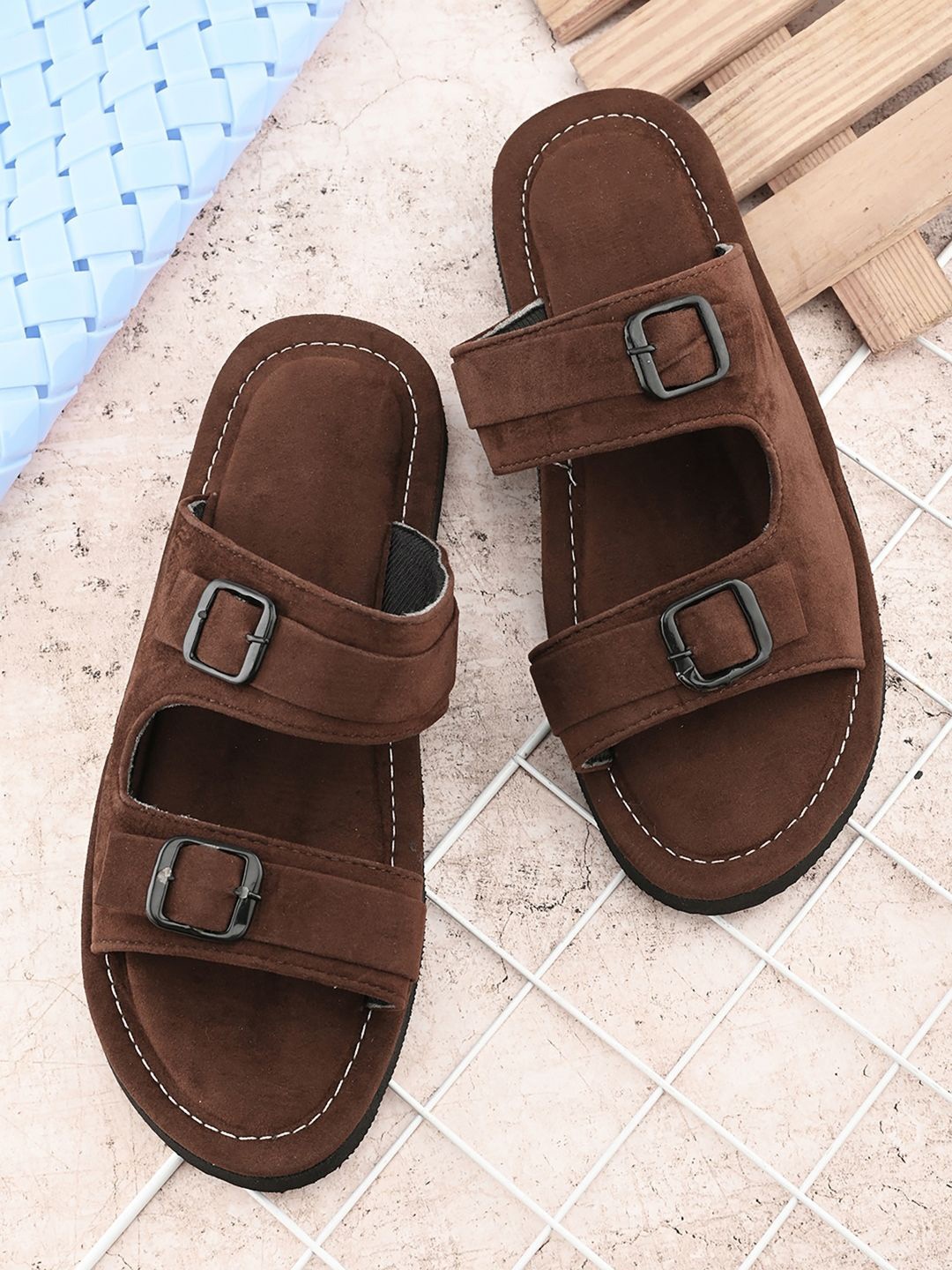 

Apratim Men Embellished Open Toe Flats with Buckles, Brown