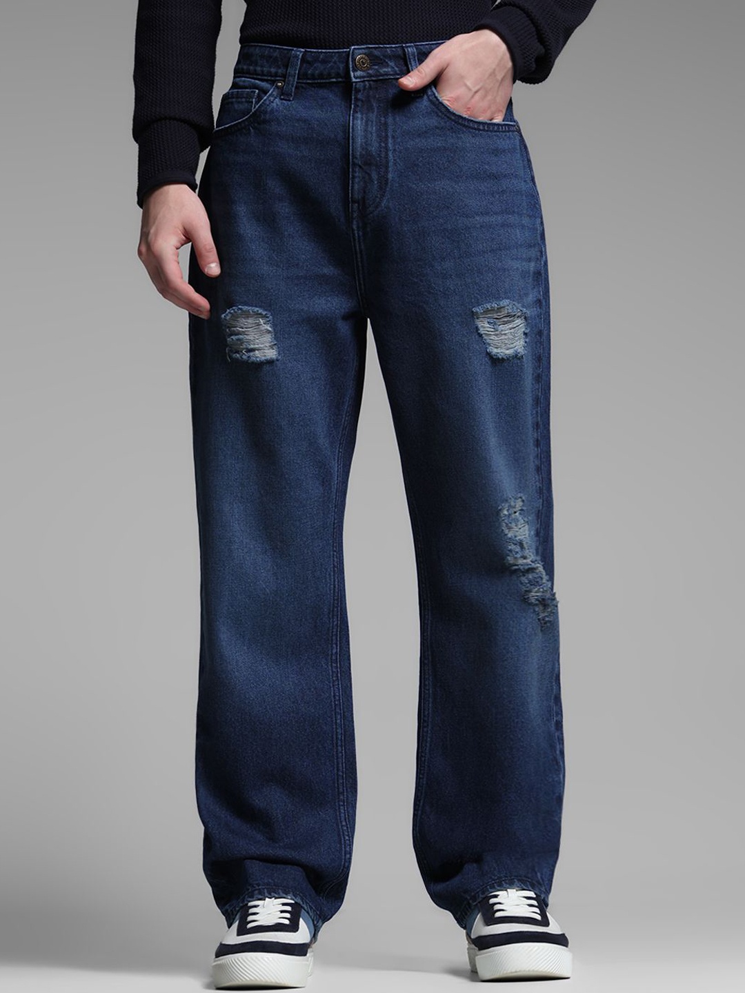 

Jack & Jones Men Wide Leg High-Rise Highly Distressed Light Fade Jeans, Blue