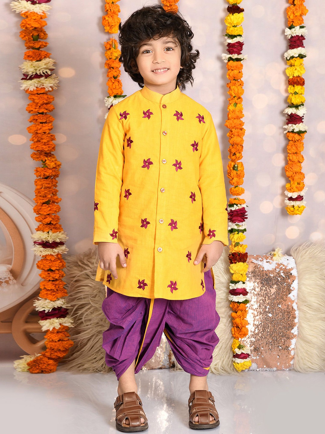 

MUDKID Boys Embroidered Regular Thread Work Pure Cotton Kurta with Dhoti Pants, Yellow