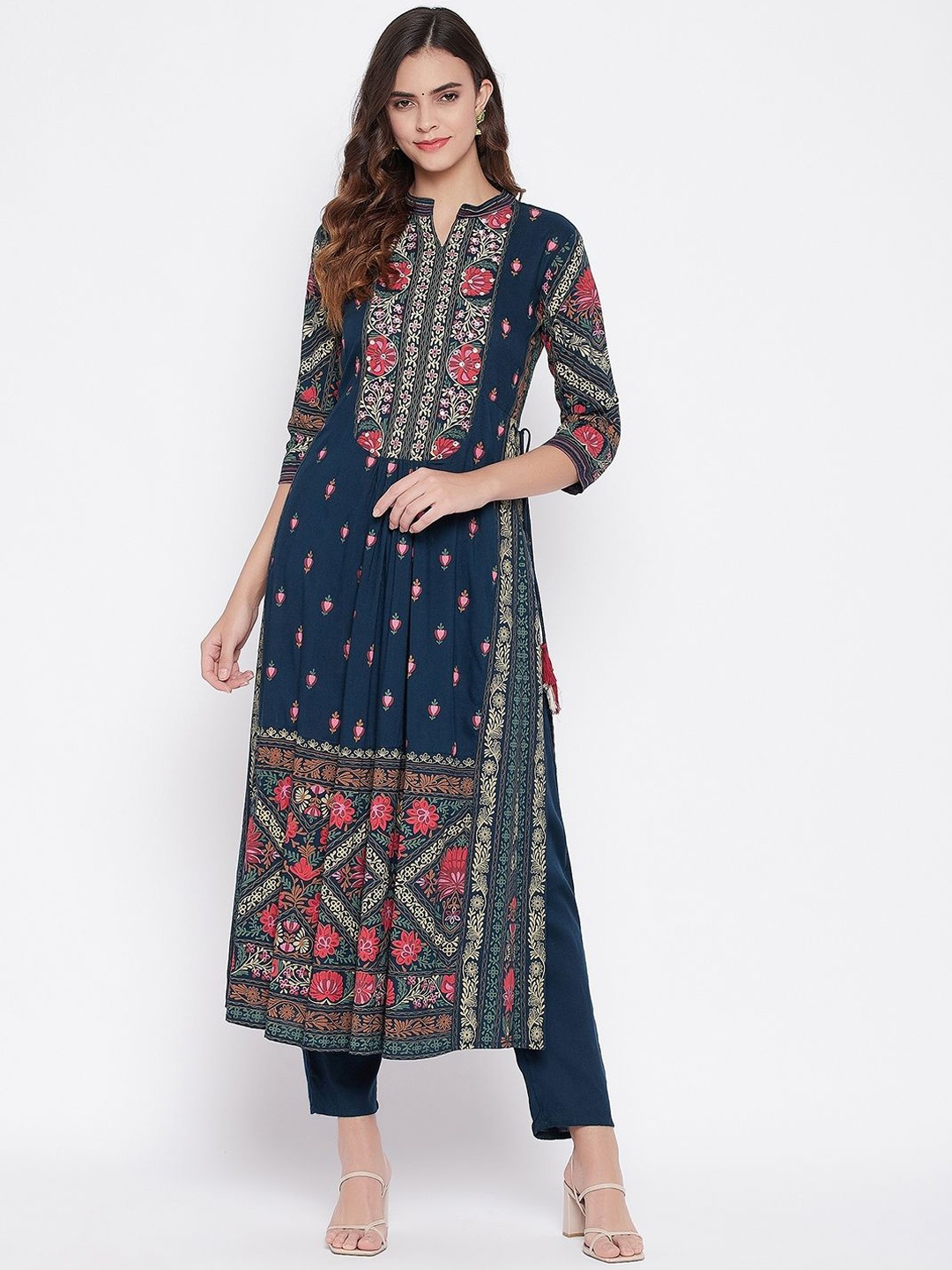 

Prakhya Women Floral Printed Regular Mirror Work Pure Cotton Kurta with Trousers, Blue