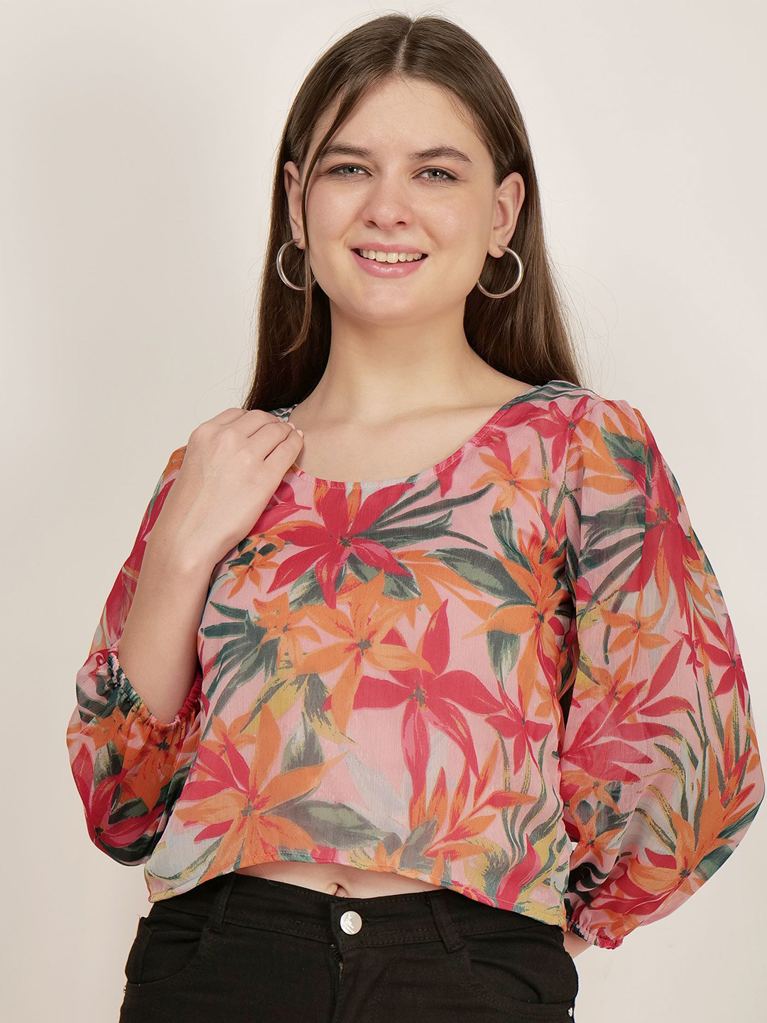 

AUDRAPE Women Floral Printed A-Line Crop Top, Pink