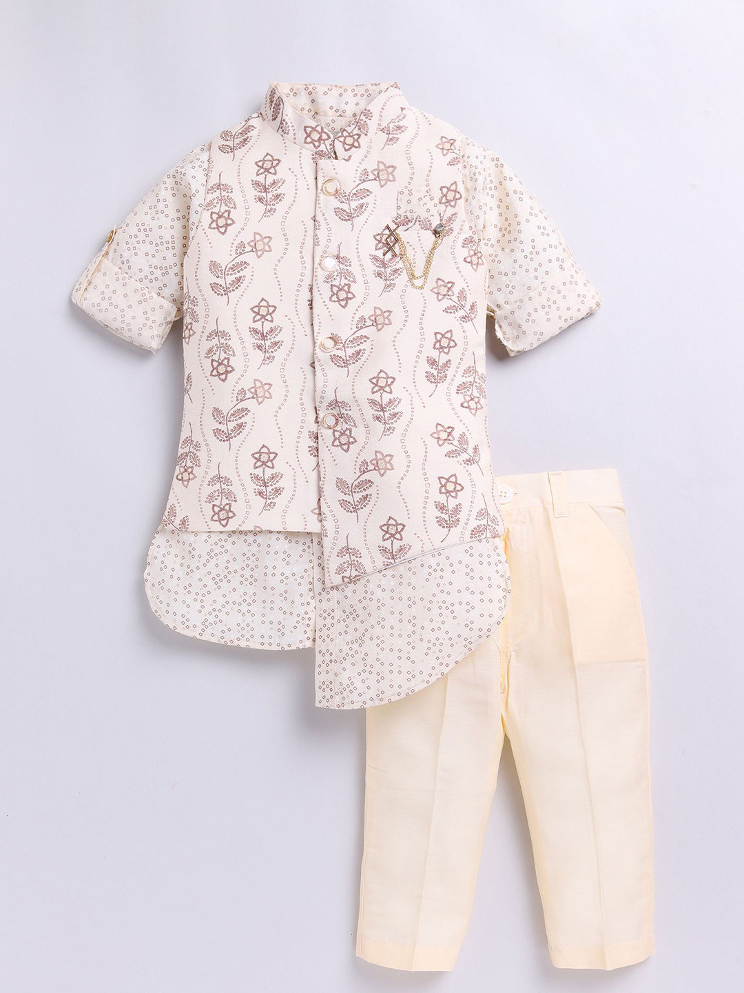 

LITTLE COLLARS Boys Floral Printed Cotton Kurta with Trousers & Nehru Jacket, Cream