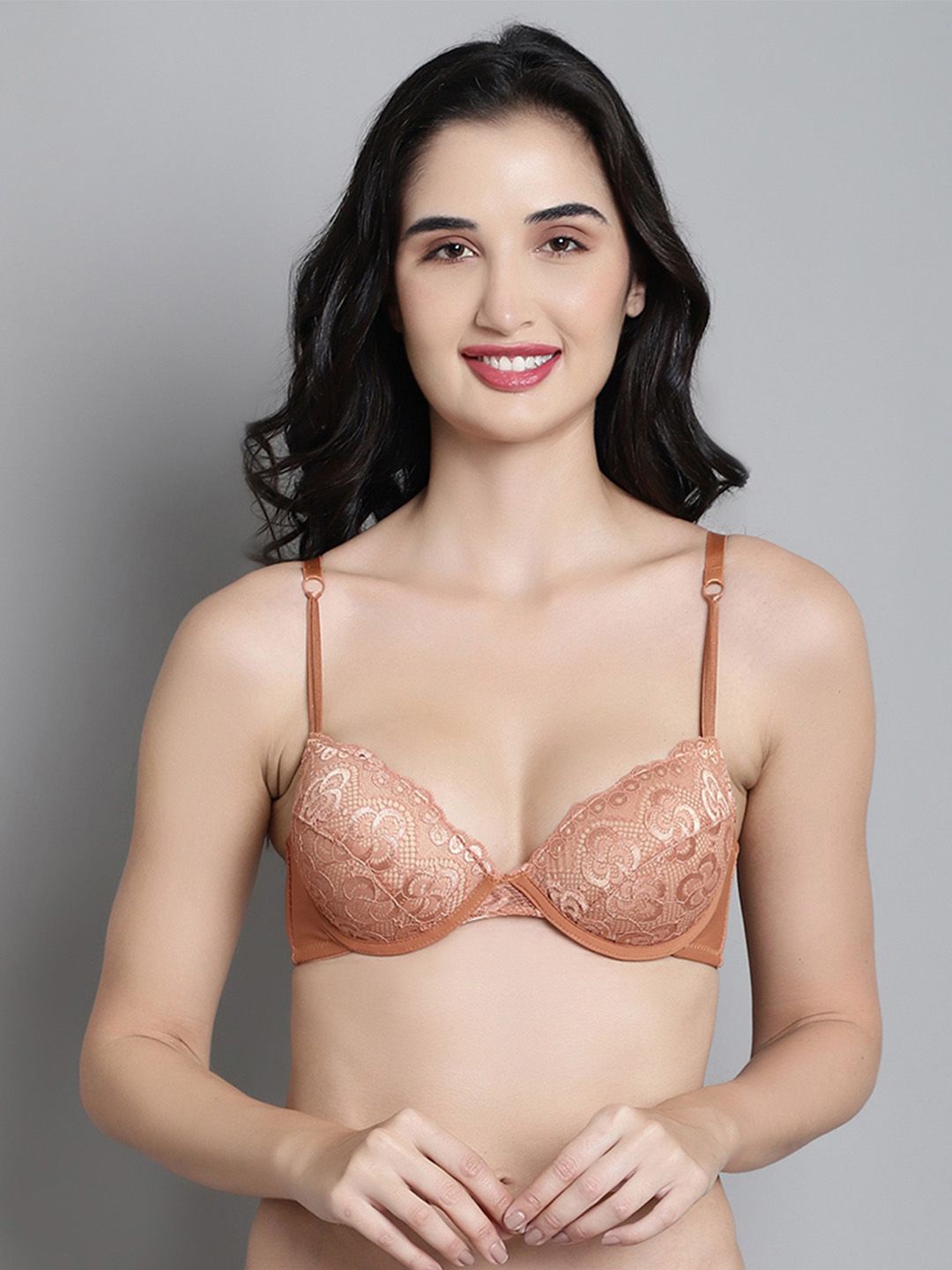 

MAKCLAN Floral Medium Coverage Underwired Lightly Padded Plunge Bra, Brown