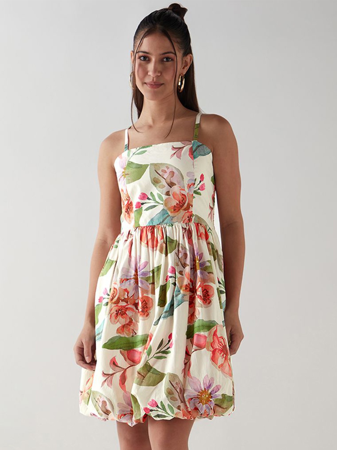 

Bewakoof Women Floral Printed Gathered Fit & Flare Cotton Dress, White