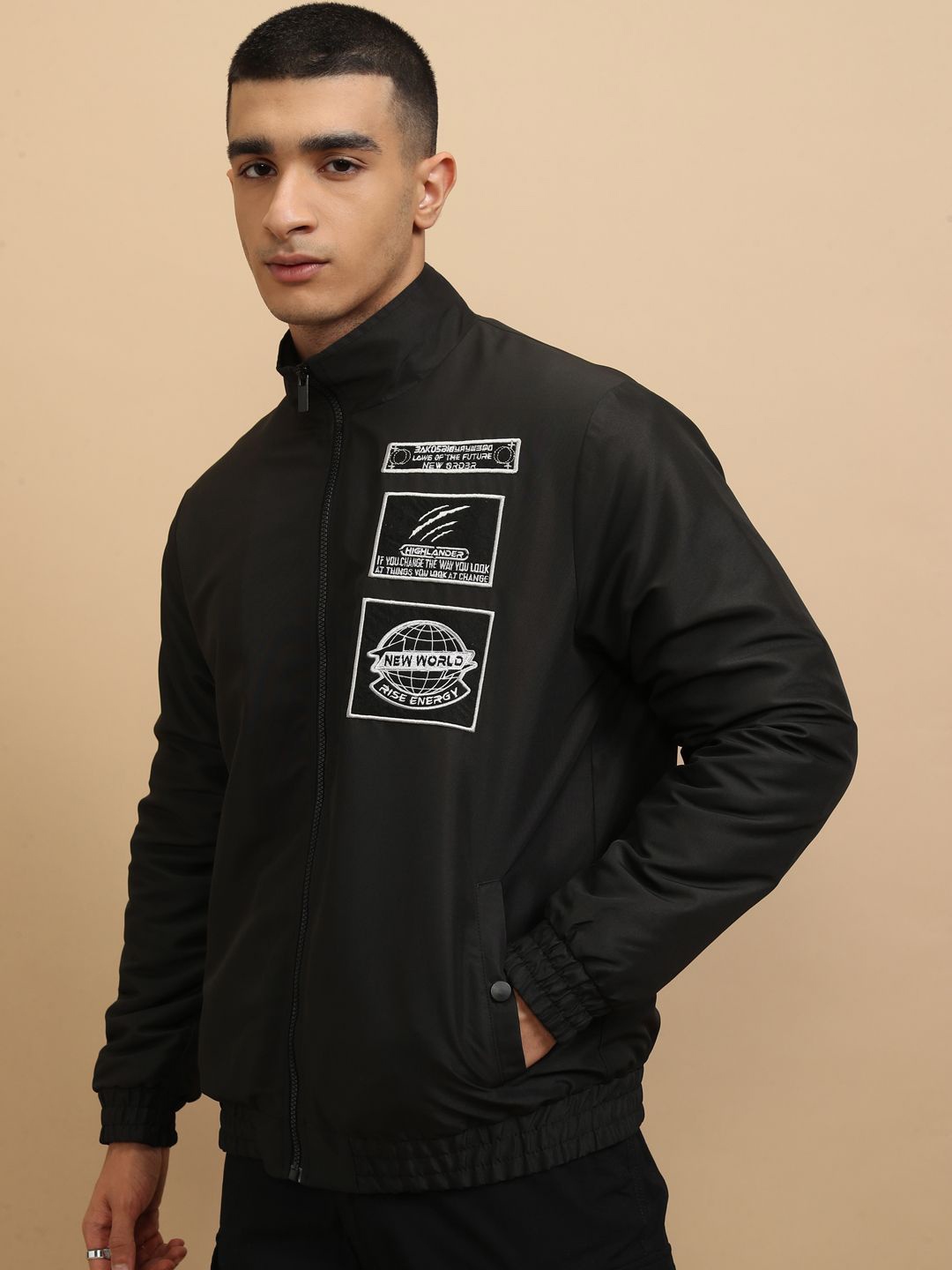

HIGHLANDER Men Crop Outdoor Bomber with Patchwork Jacket, Black