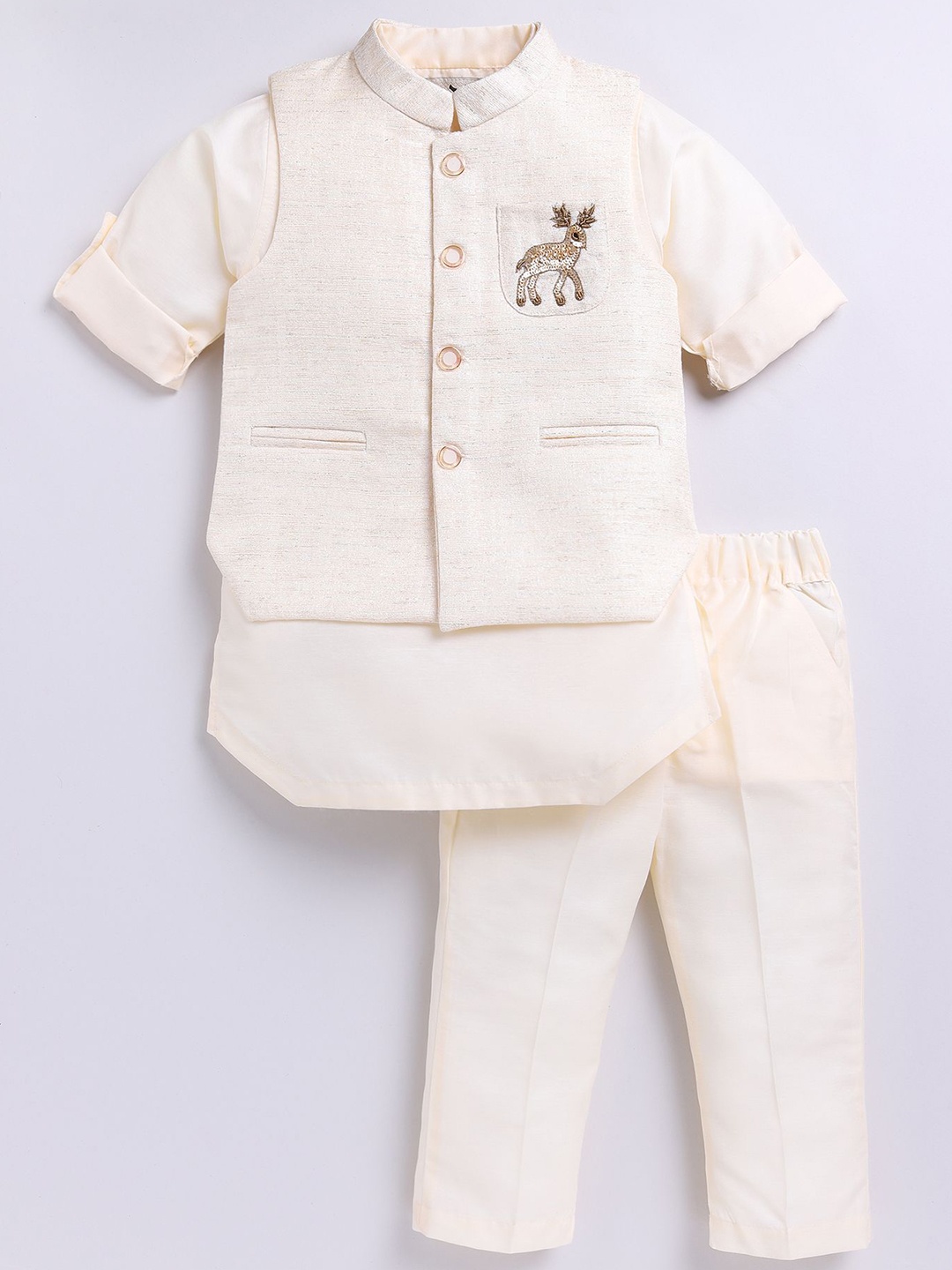

LITTLE COLLARS Boys Regular Pure Silk Kurta With Pyjamas, Cream