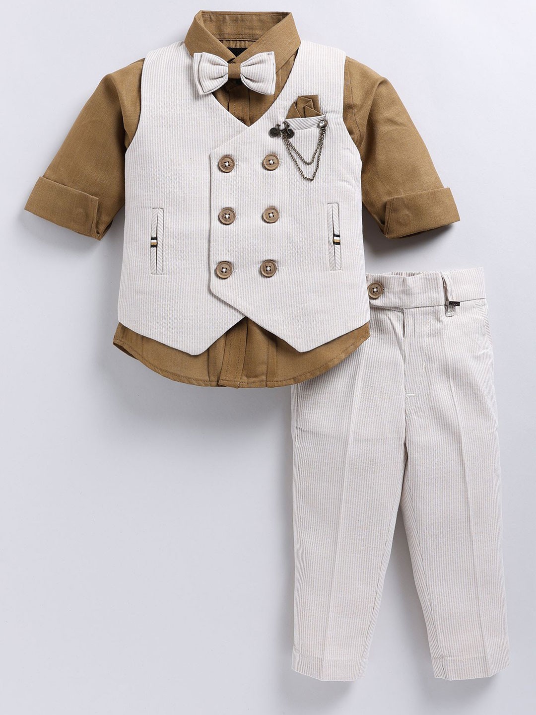 

LITTLE COLLARS Boys Striped Shirt with Trousers, Beige