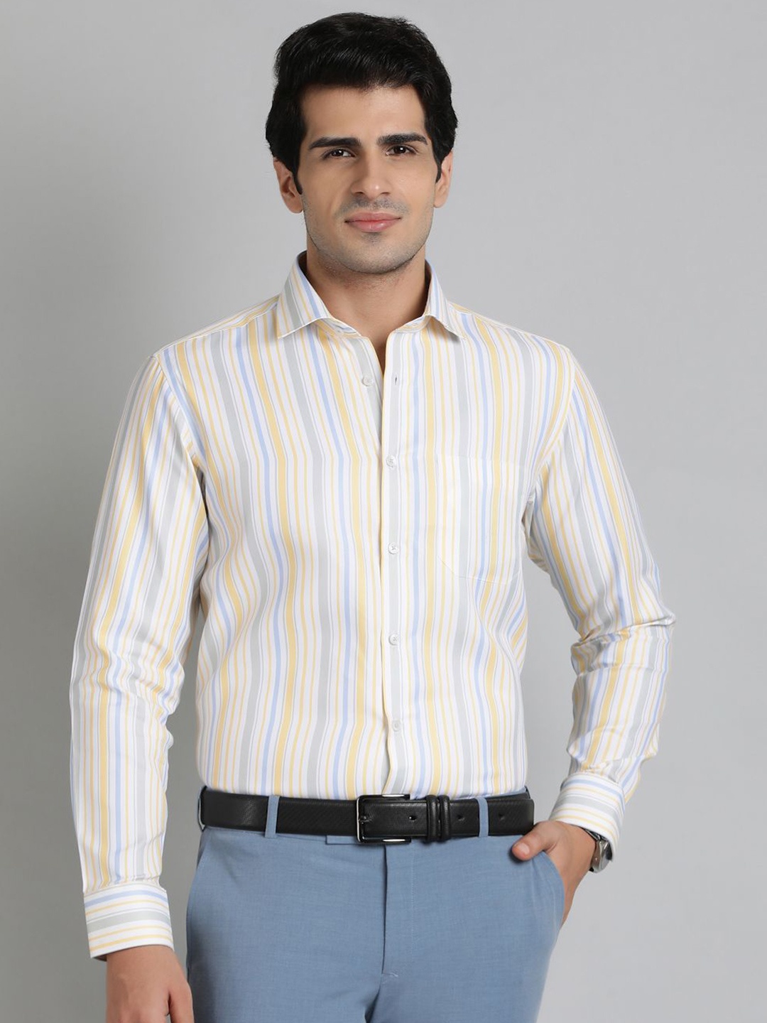 

Greenfibre Men Slim Fit Opaque Striped Formal Shirt, Yellow