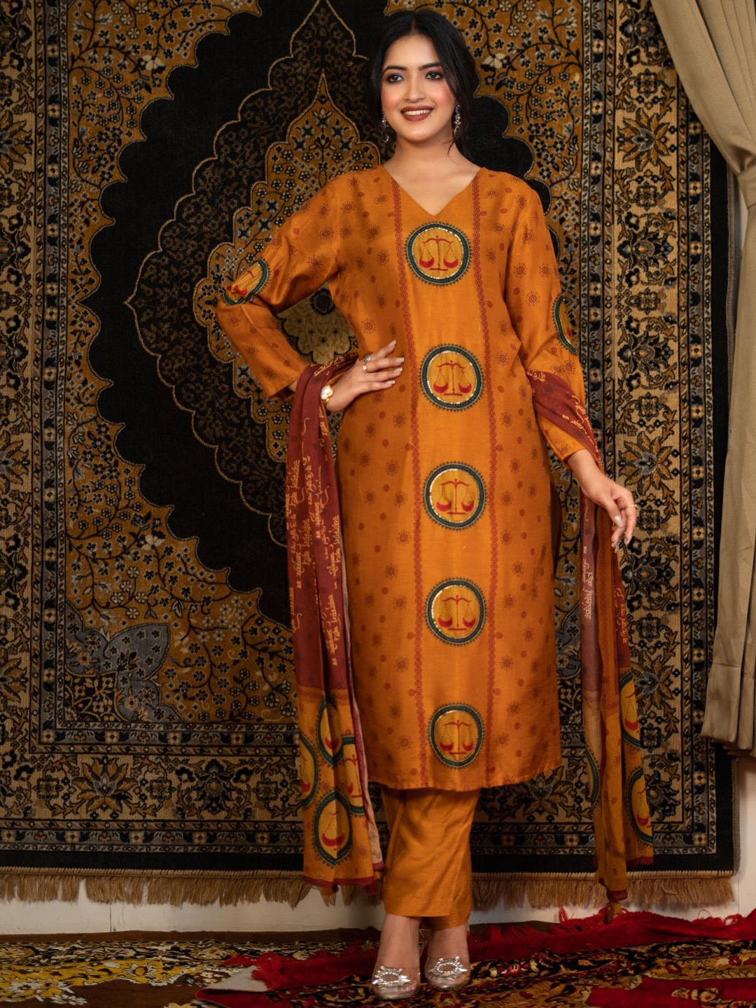 

EARTH O FAB Women Ethnic Motifs Printed Regular Sequinned Raw Silk Kurti with Trousers & With Dupatta, Mustard