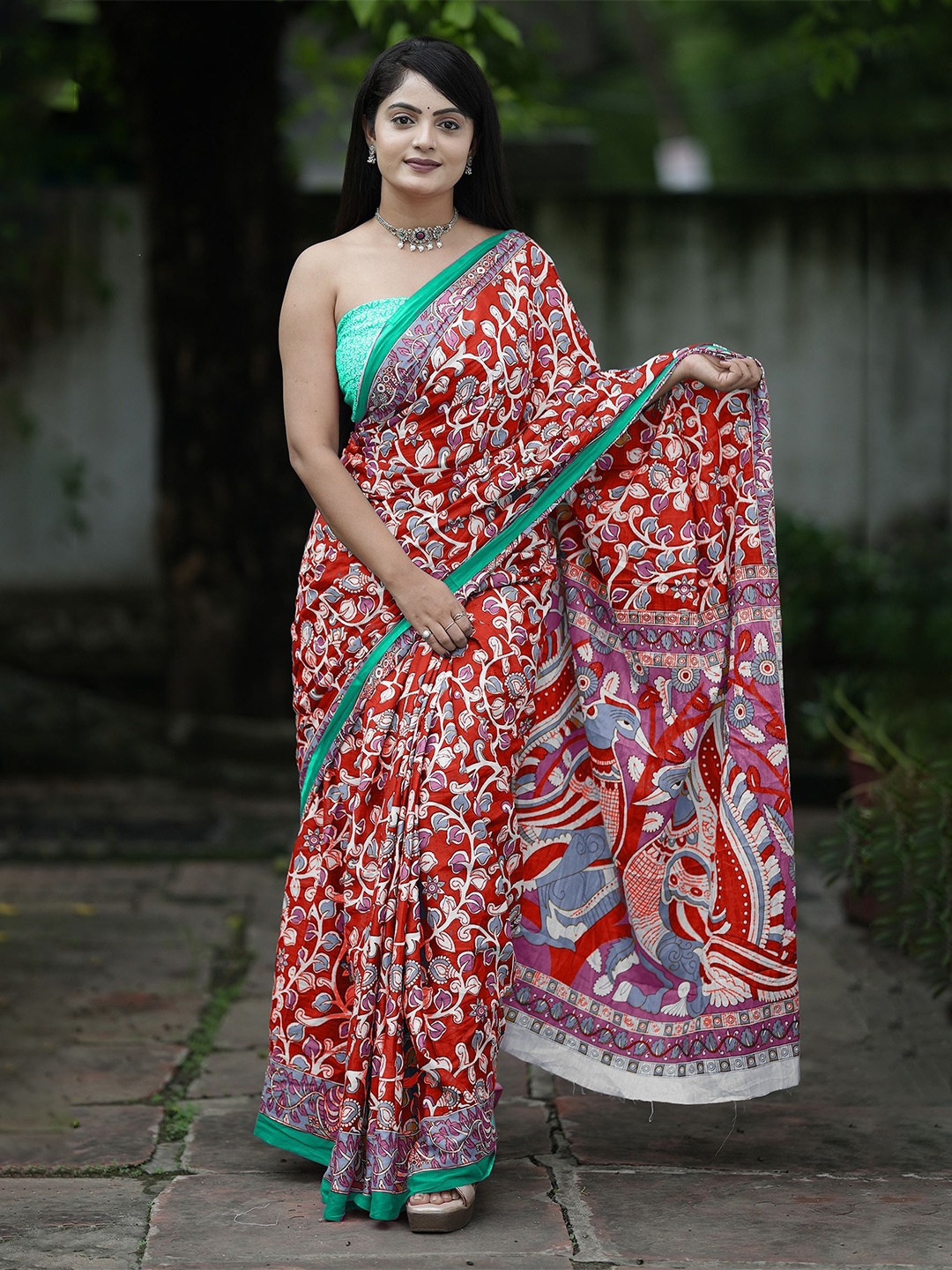 

HERE&NOW Pure Cotton Ethnic Motifs Printed Bhagalpuri Saree, Red