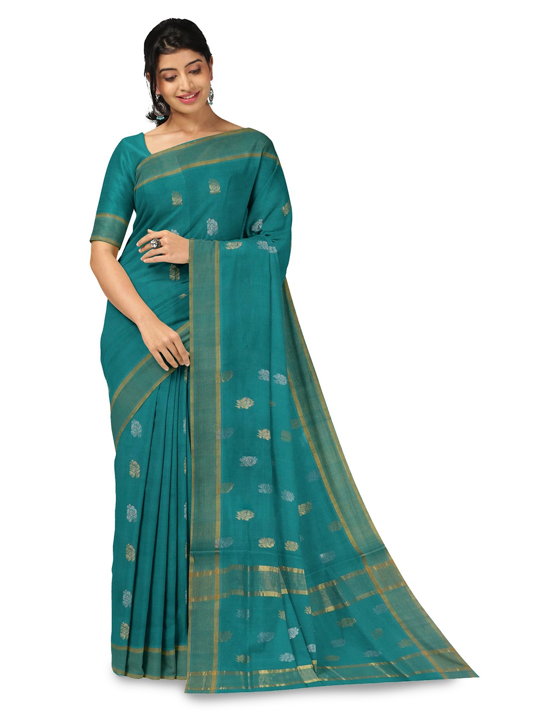 

APCO Woven Design Zari Pure Cotton Handloom Saree, Sea green