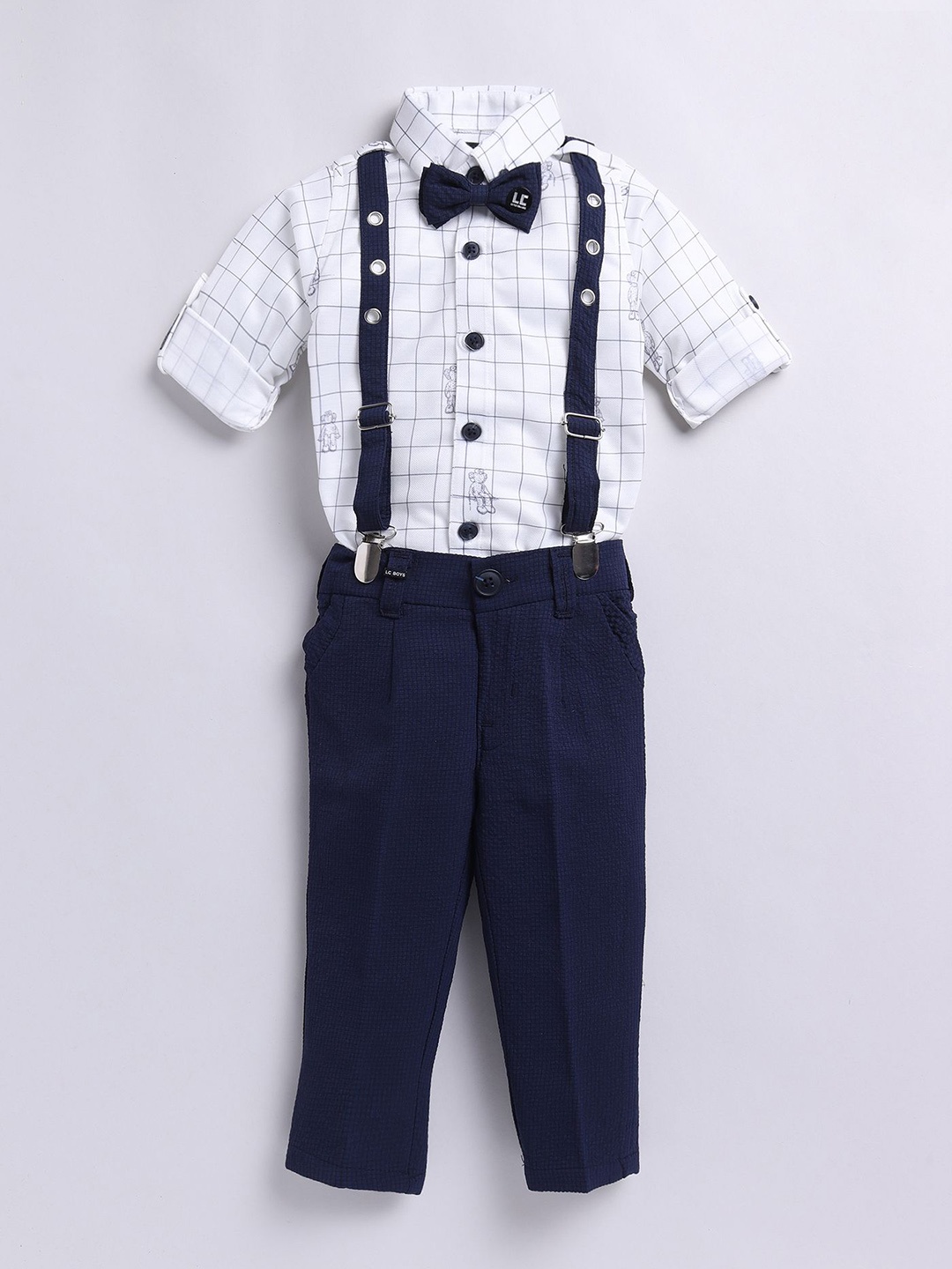 

LITTLE COLLARS Boys 4 Pcs Checked Shirt & Trouser Set with Suspender & Bow, Blue