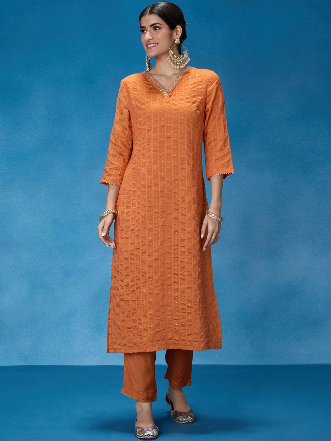 

Likha Women Regular Chanderi Silk Kurta with Pyjamas, Orange