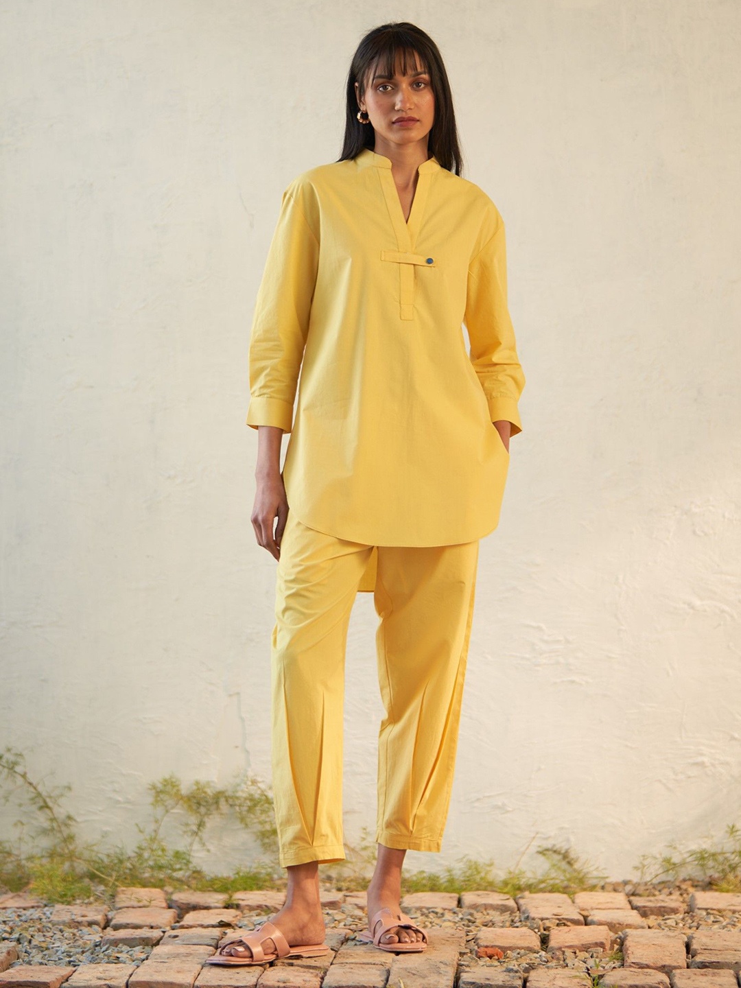 

Canoopi Cotton Mandarin Collar Tunic With Trousers Co-Ords, Yellow
