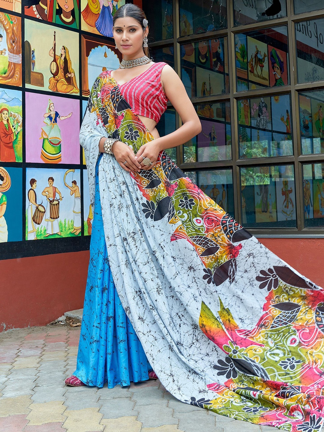 

HERE&NOW Printed Pure Cotton Saree, Turquoise blue