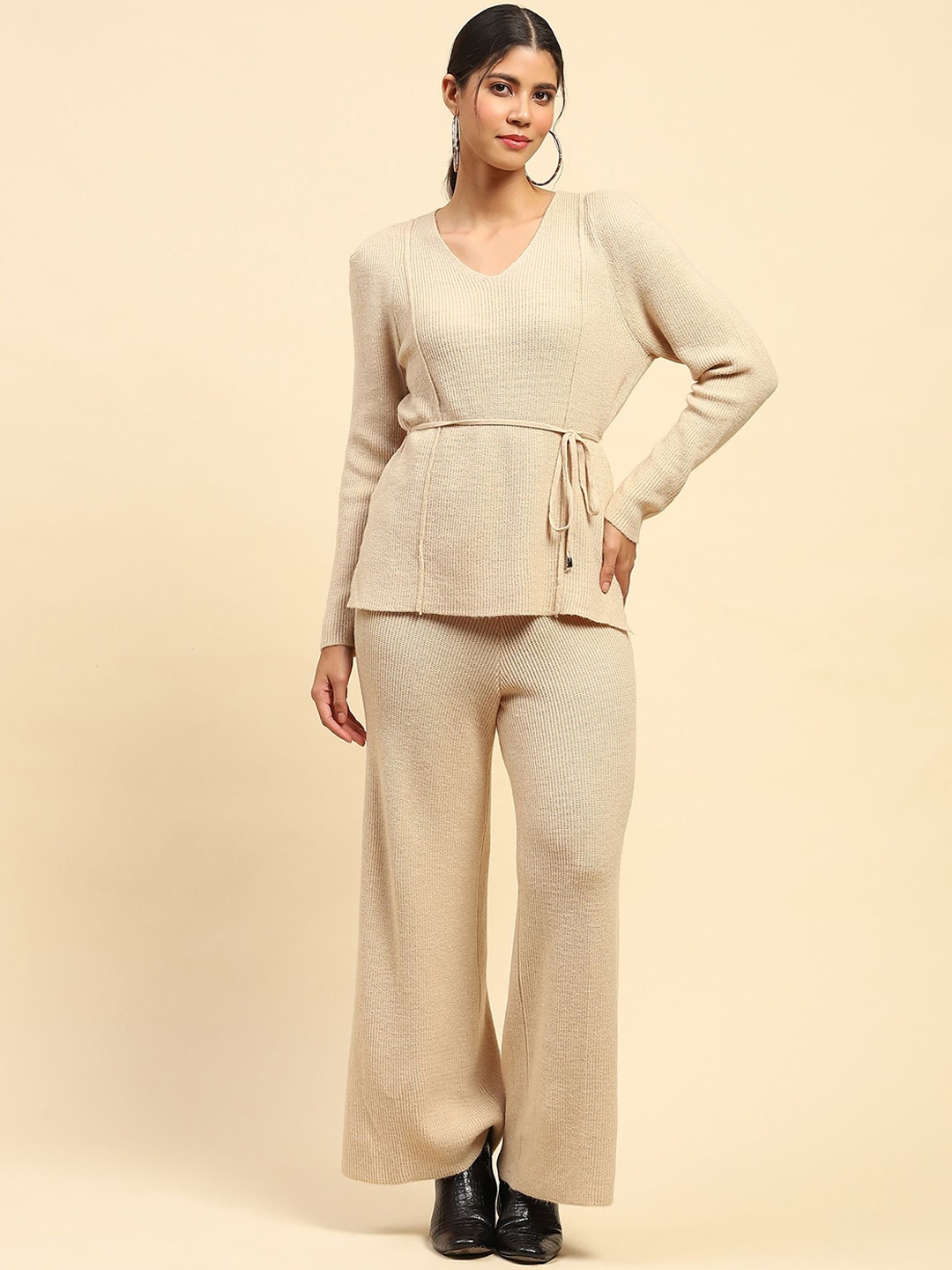 

Global Republic Self Design V-Neck Long Sleeves Top With Trouser, Off white