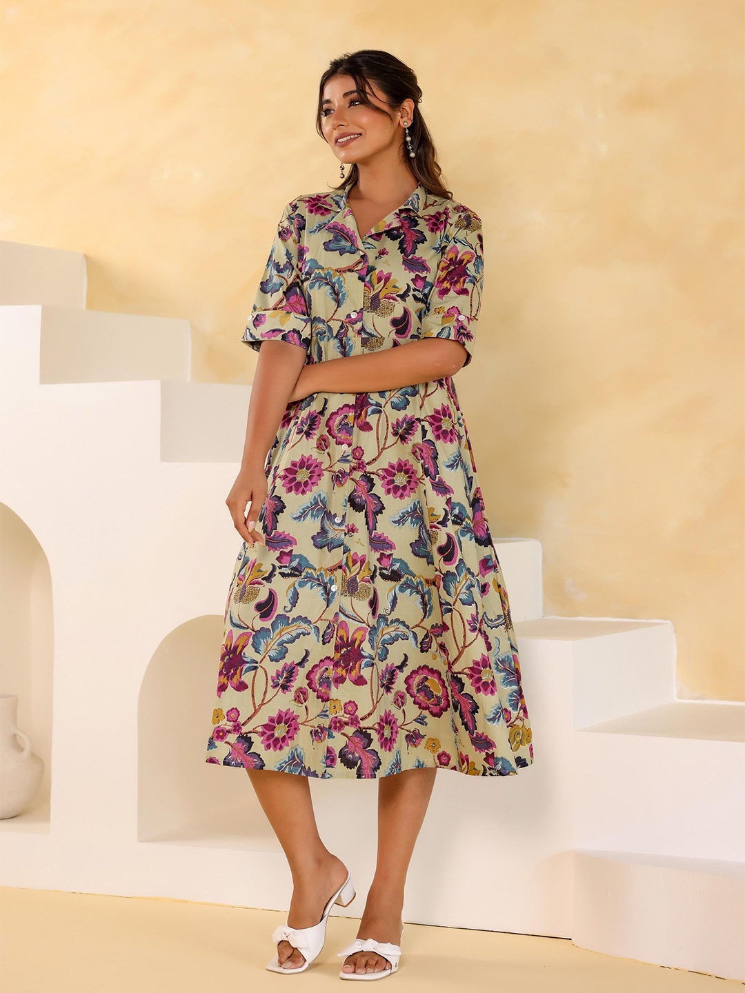

FLAVIA CREATION Women Cotton Floral Printed Shirt Midi Dress, Na