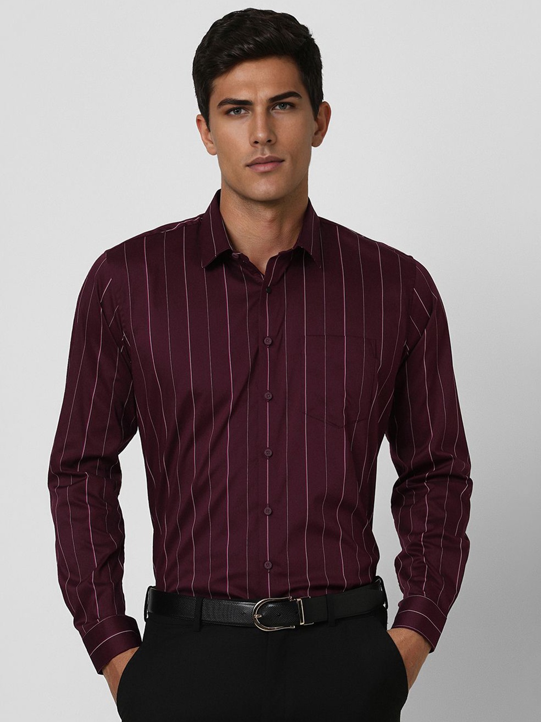 

Van Heusen Men Slim Fit Opaque Striped Formal Shirt, Maroon