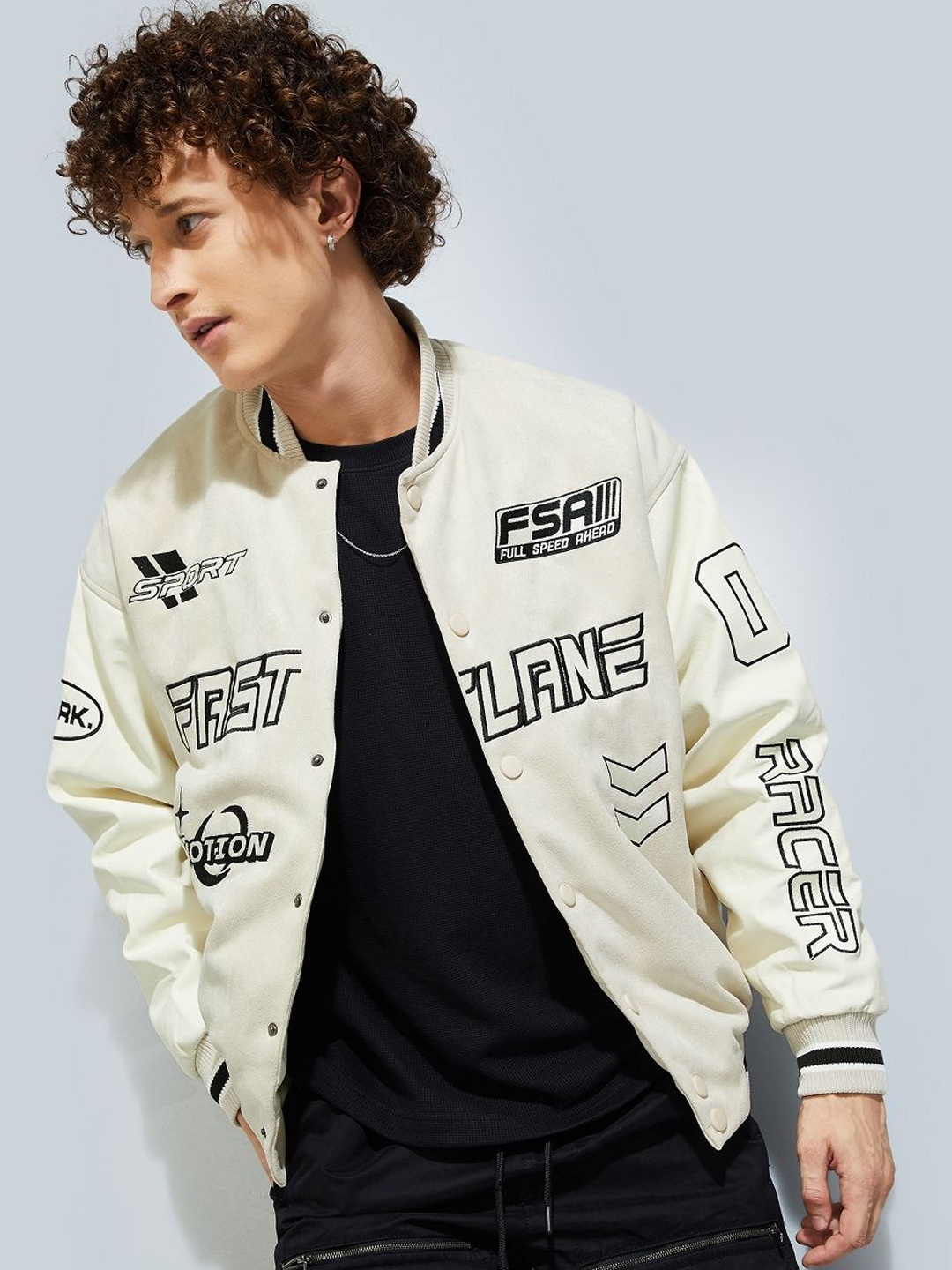 

MAX URB_N Men Printed Varsity Jacket, Beige