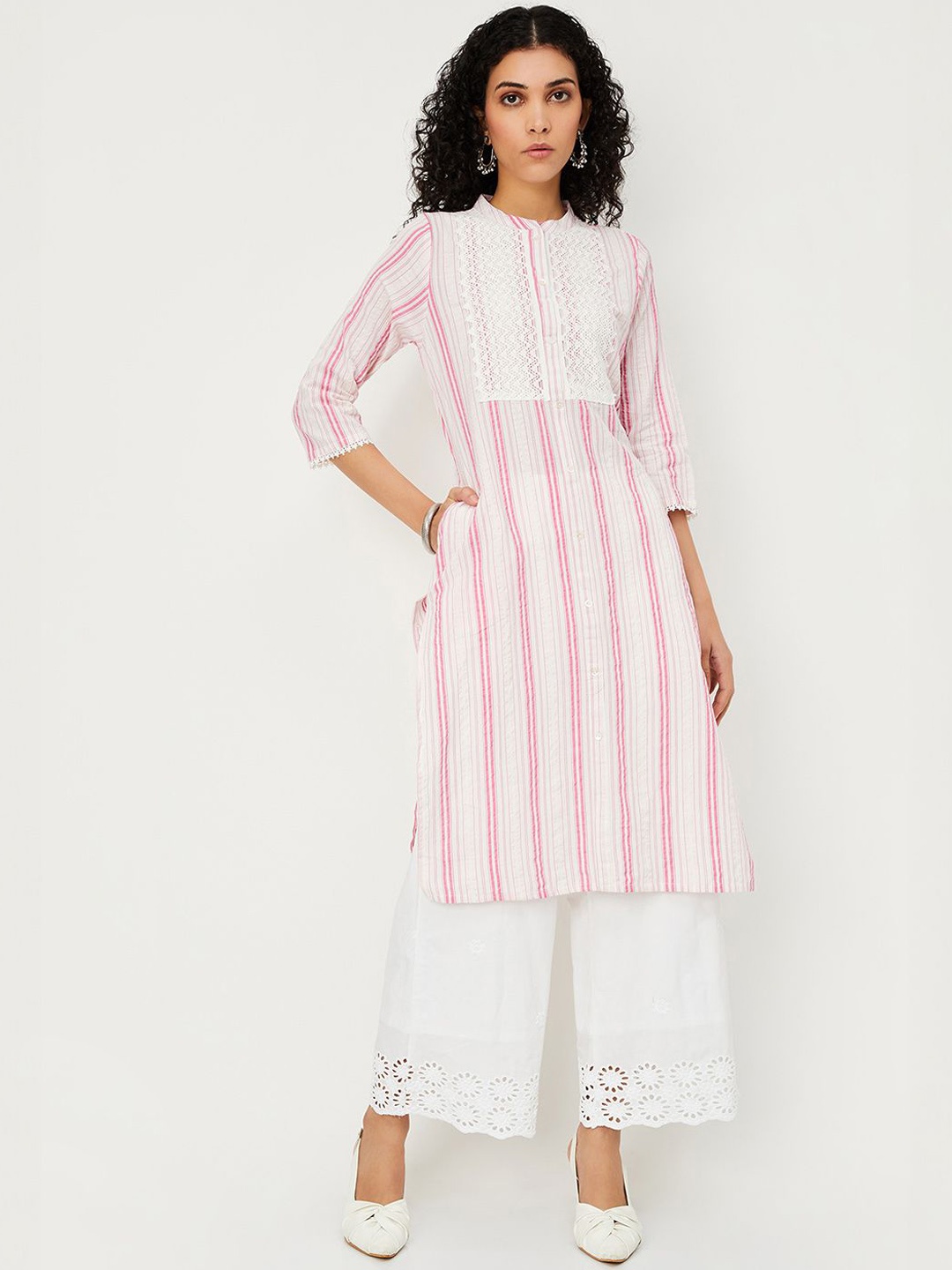

max Women Striped Flared Sleeves Thread Work Kurta, Multi