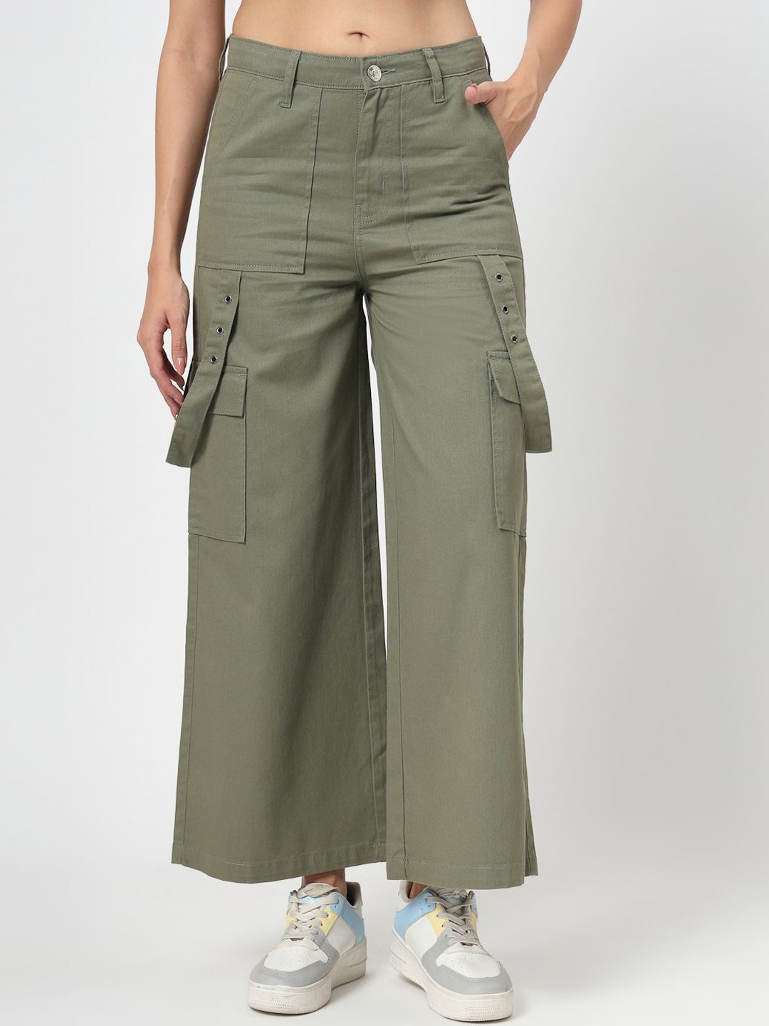

COSMIC TRIO Women Relaxed Straight Leg Loose Fit Cargos Trousers, Green