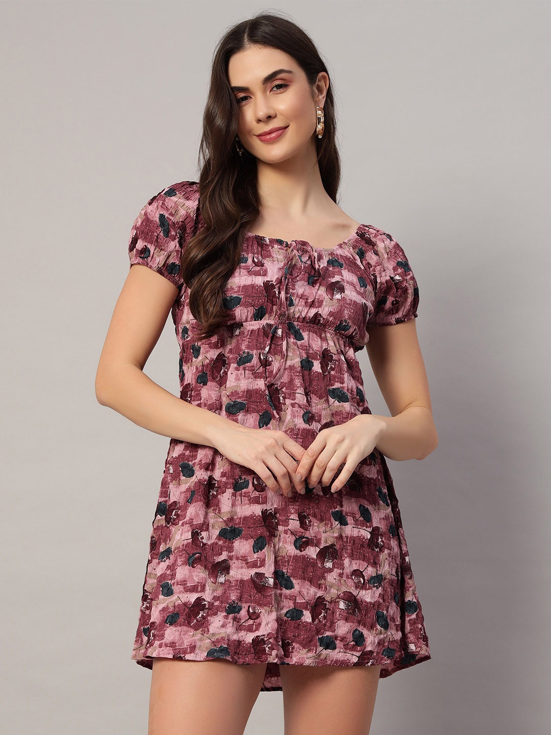 

ROCK AND ROLL Women Printed Puff Sleeve A-Line Mini Dress, Pink