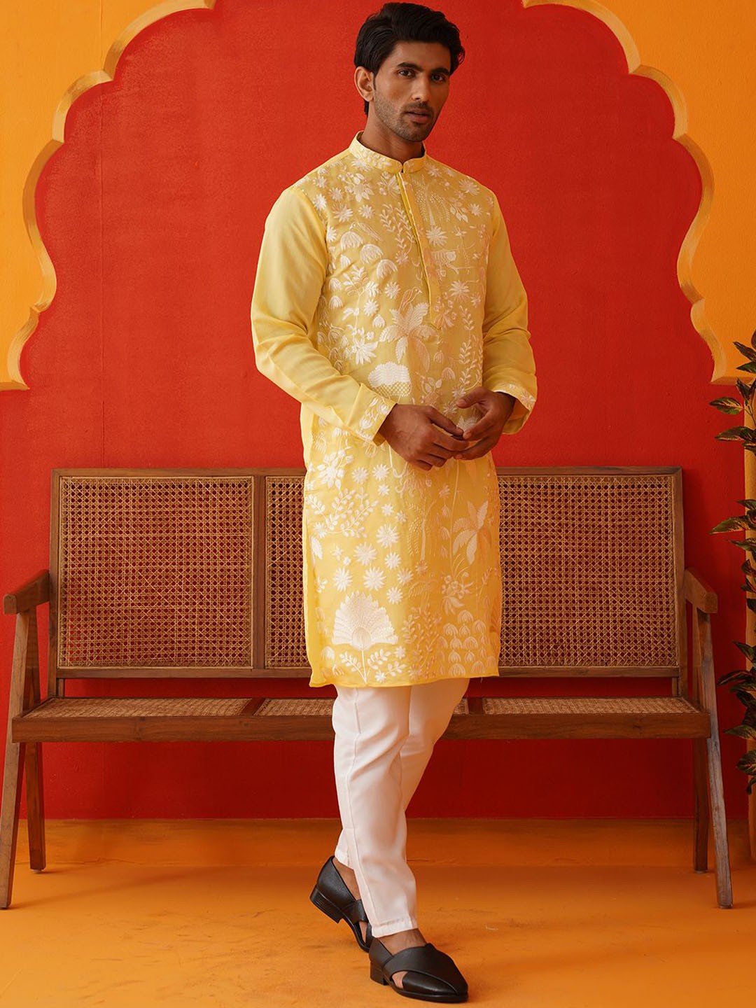

Jompers Men Floral Embroidered Regular Chikankari Kurta with Pyjamas, Yellow