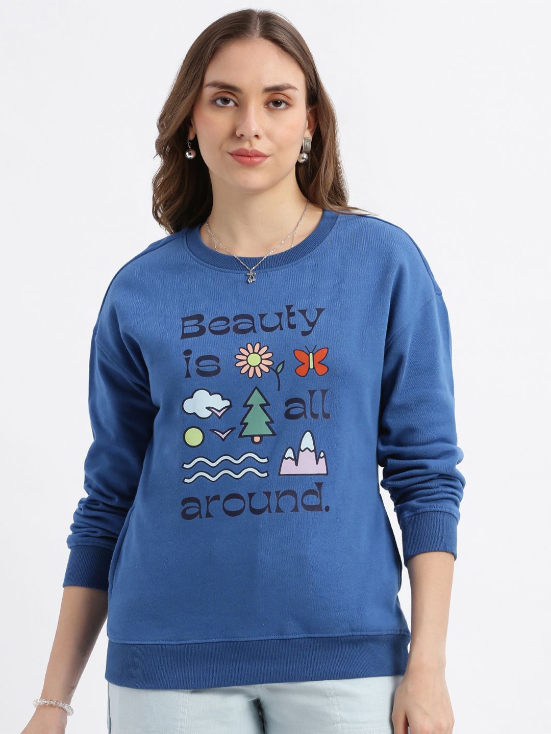 

Grit and Flair Women Printed Sweatshirt, Blue