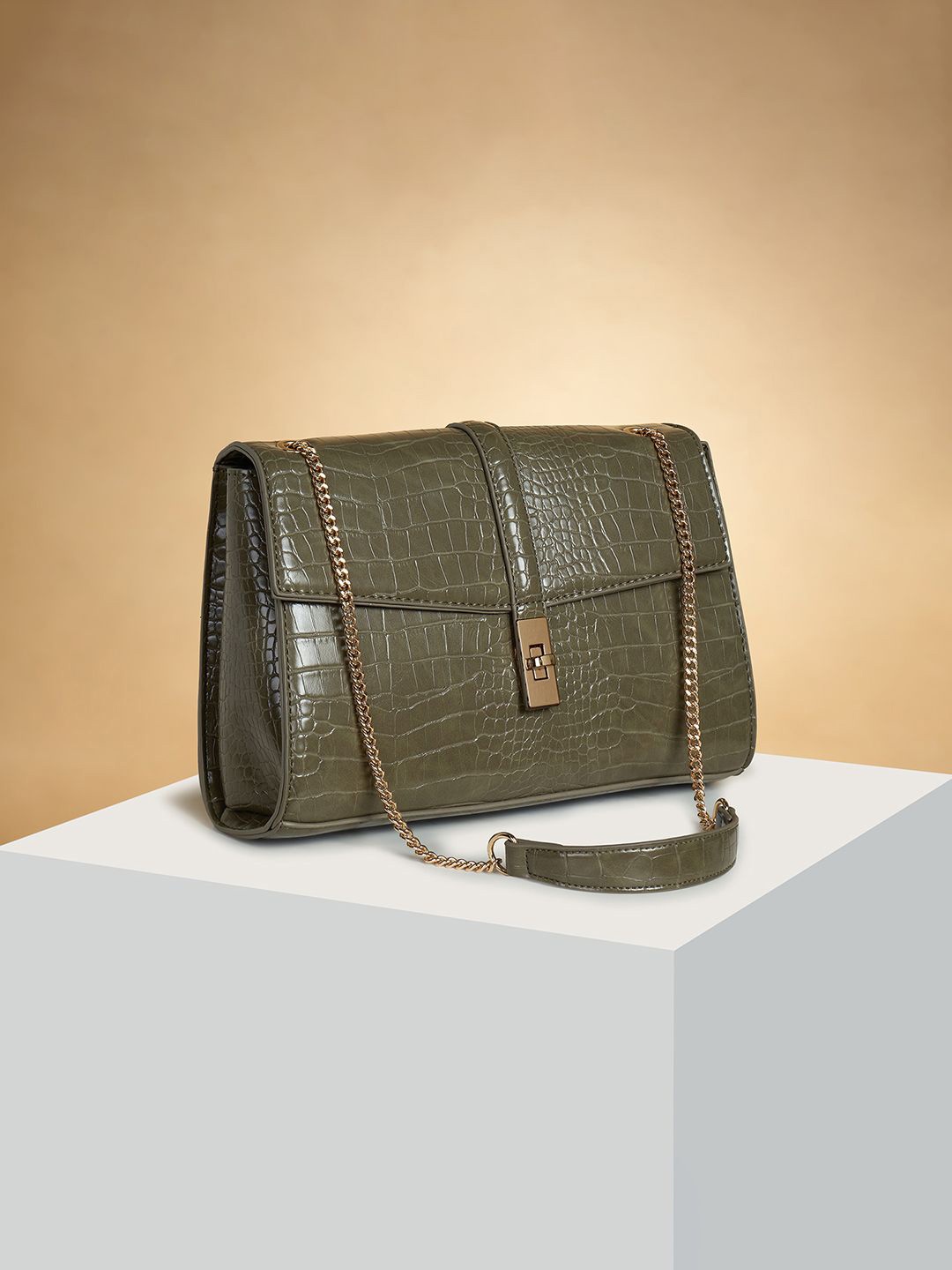 

Forever Glam by Pantaloons Colourblocked PU Swagger Shoulder Bag, Olive