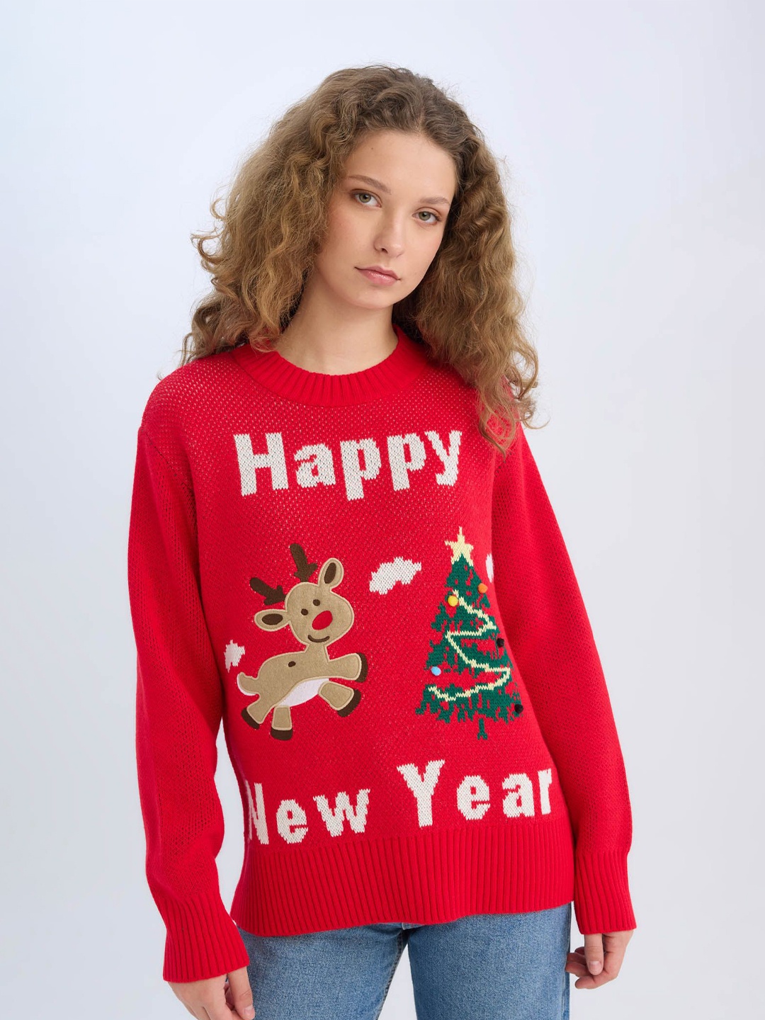 

DeFacto Women Printed Pullover, Red
