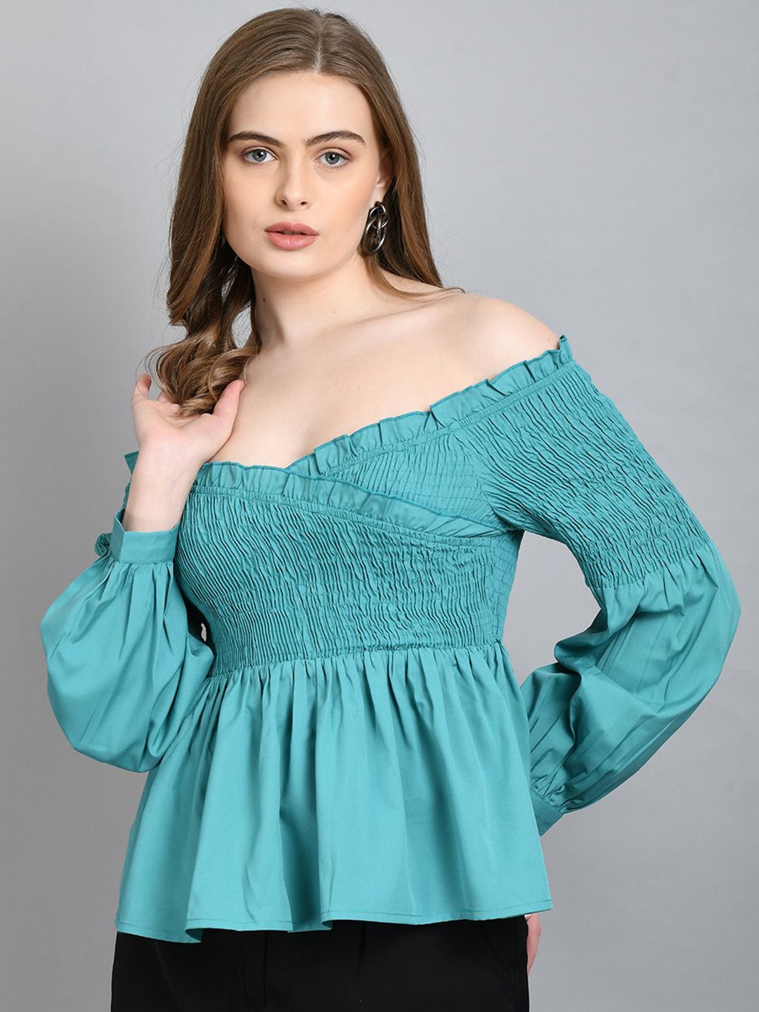 

all about you Women Off-Shoulder Puff Sleeve Peplum Top, Green