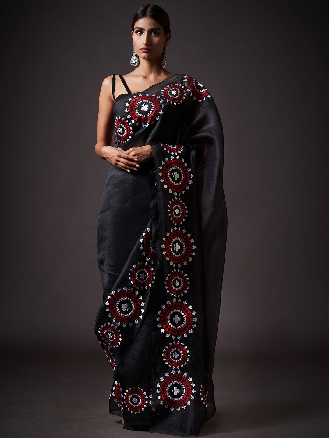 

House of Deepthi Women Embroidered Saree With Unstitched Blouse Piece, Black