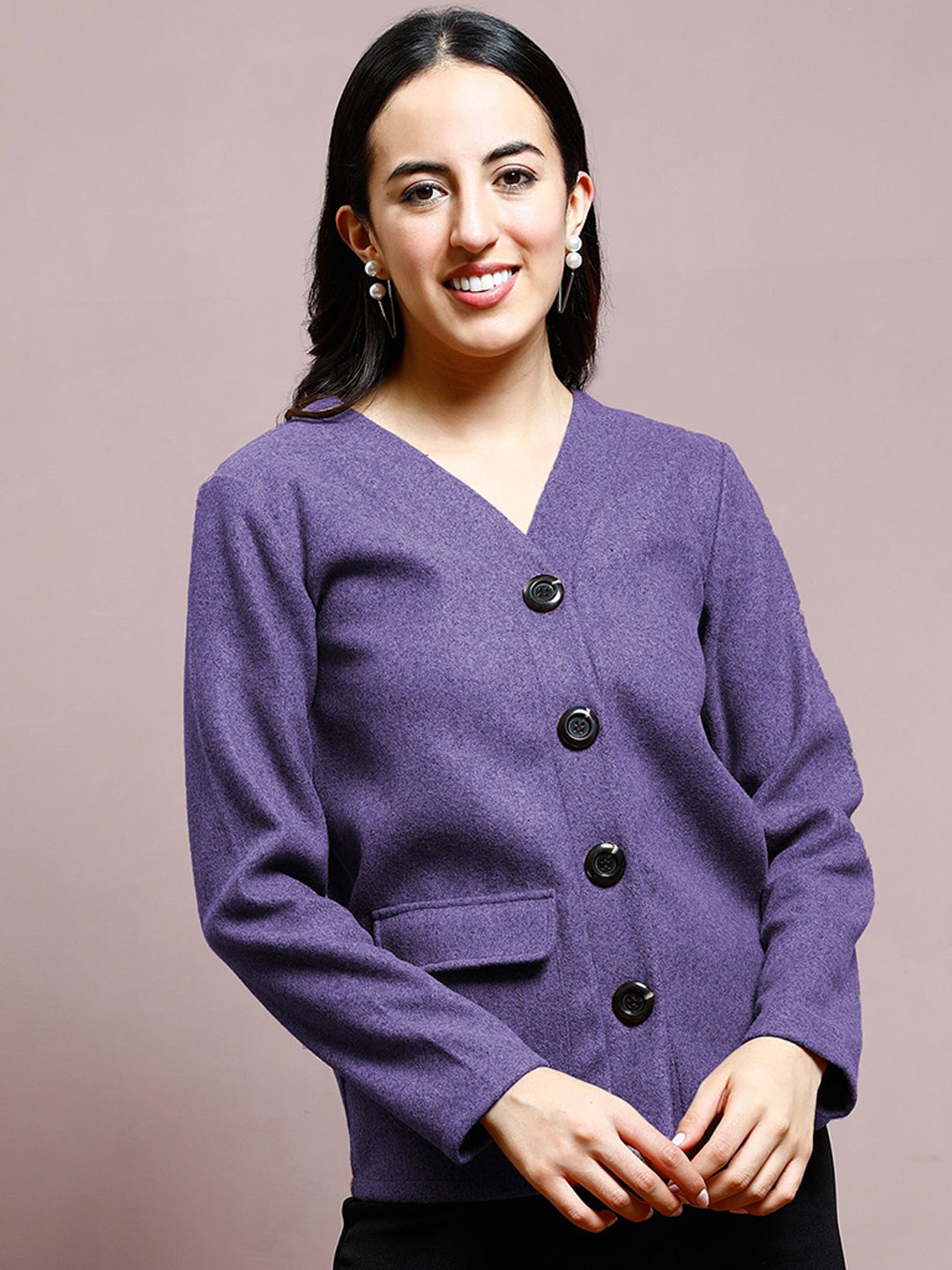 

Athena Women Self Designed V-Neck Overcoat, Purple