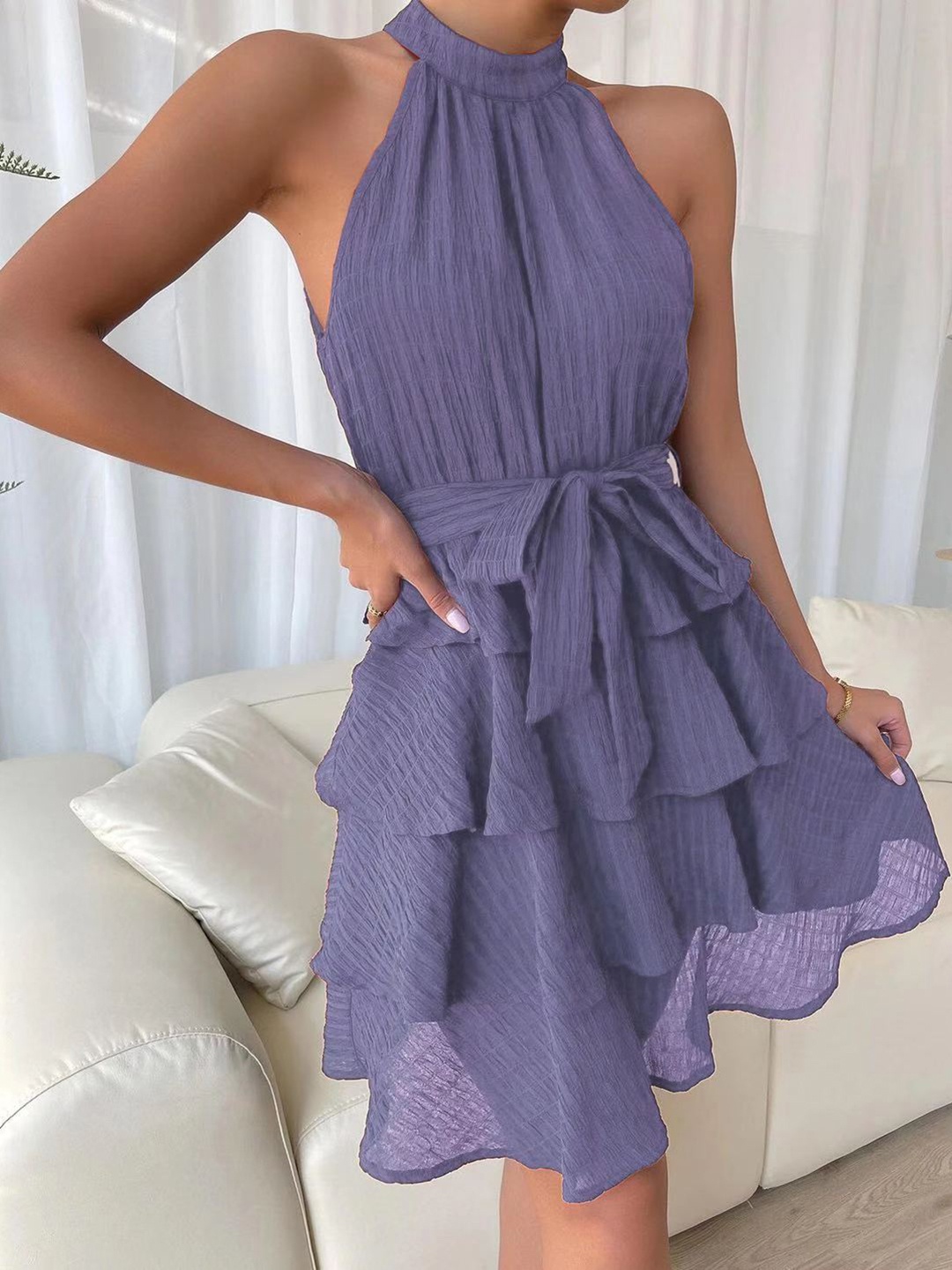 

all about you Striped Halter Neck Fit and Flare Dress, Purple