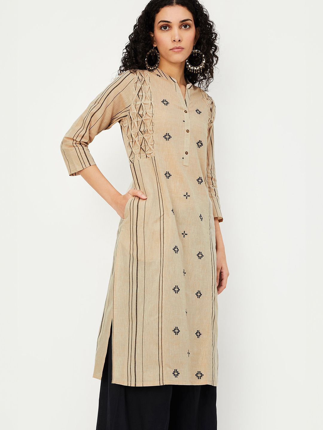 

max Women Geometric Embroidered Cold-Shoulder Sleeves Anarkali Kurta, Beige