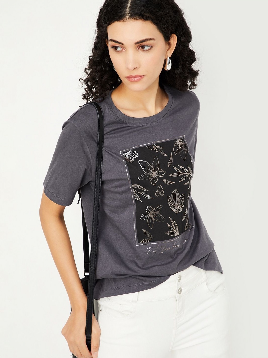 

max Women Floral Printed Round Neck Cotton T-shirt, Grey