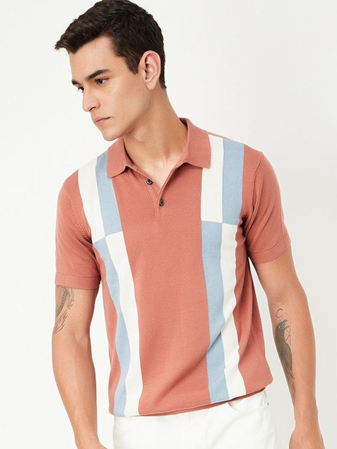 

max Men Striped Polo Collar Cotton T-shirt, Peach