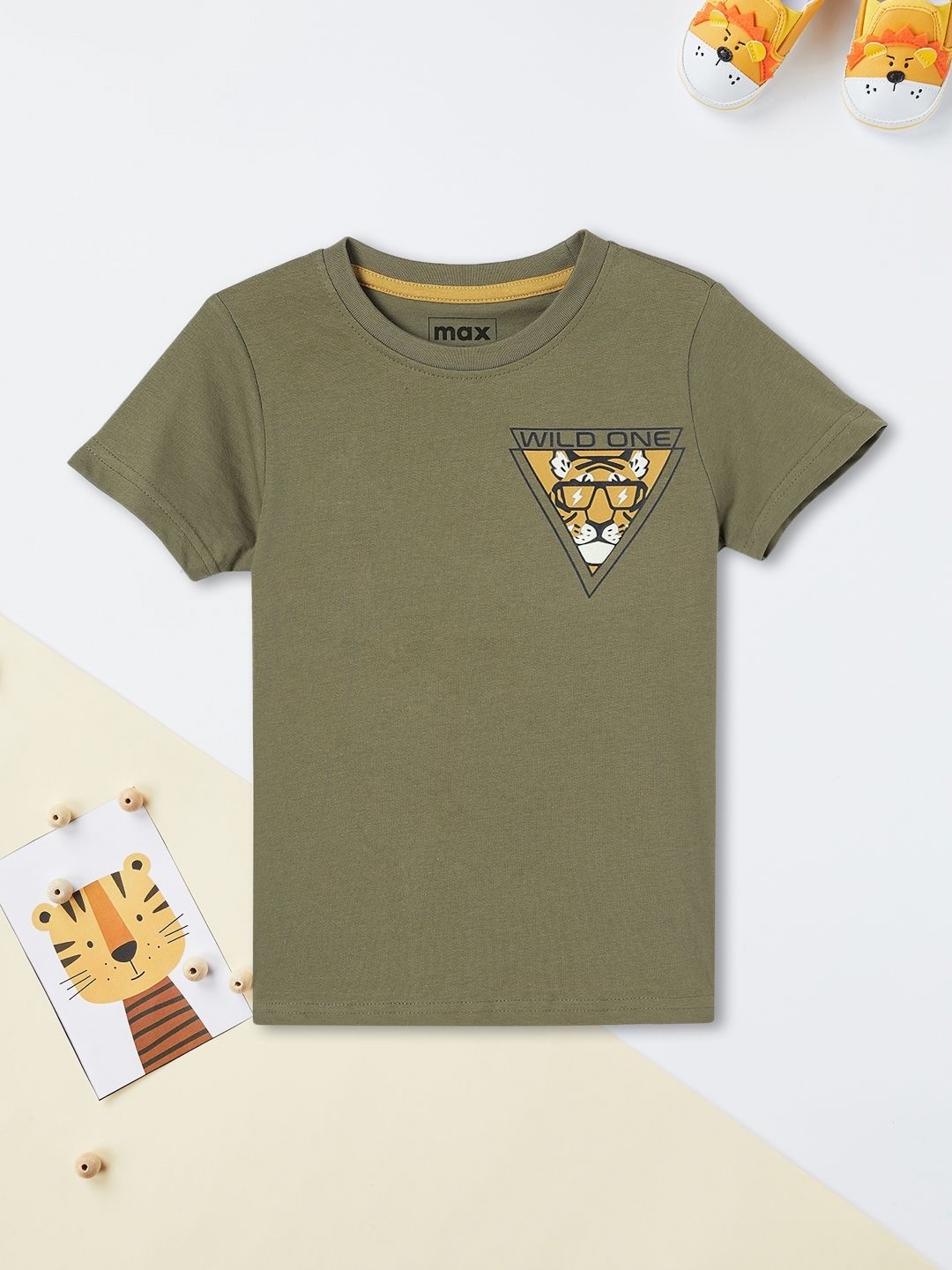 

max Boys Graphic Printed Round Neck Cotton T-shirt, Olive