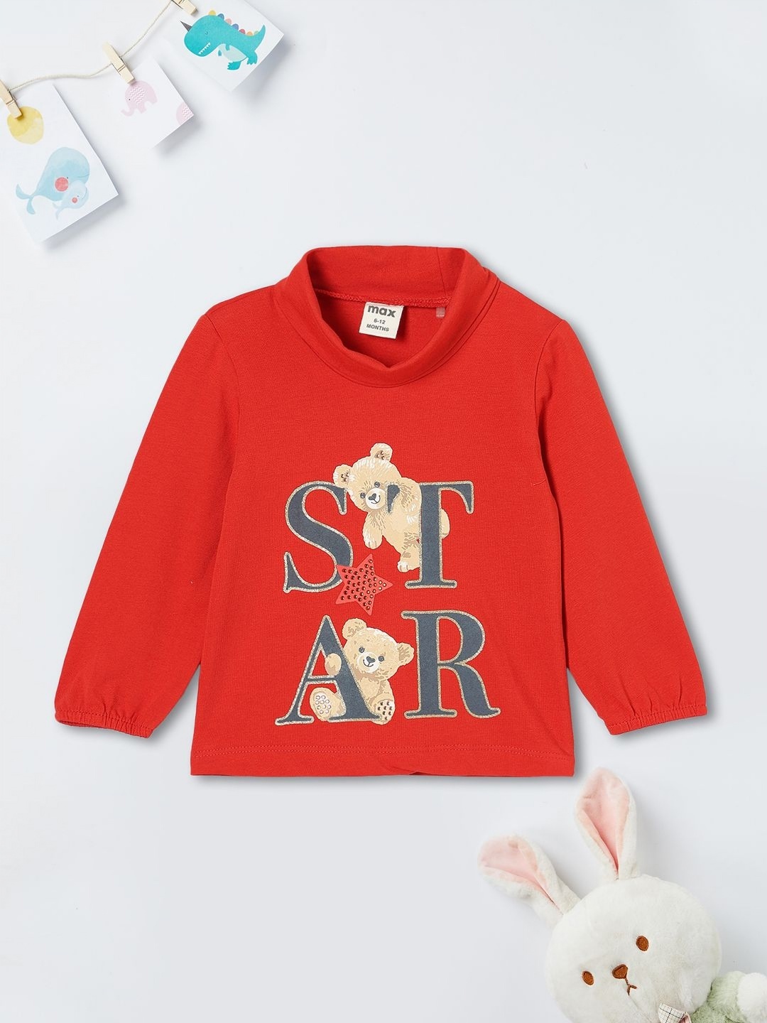 

max Girls Graphic Printed Turtle Neck Cotton T-shirt, Red