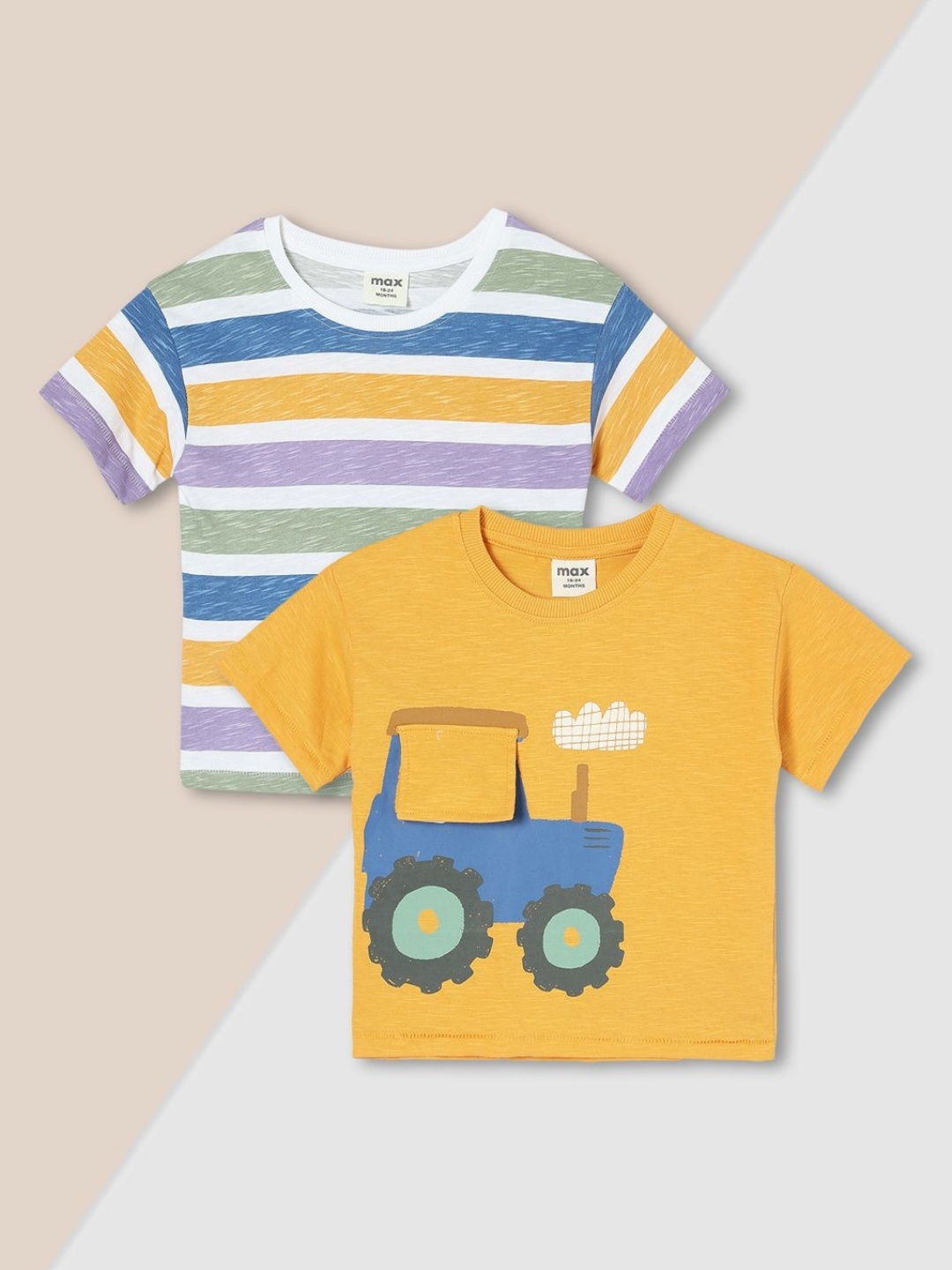 

max Boys Pack Of 2 Striped Round Neck Cotton T-shirts, Yellow