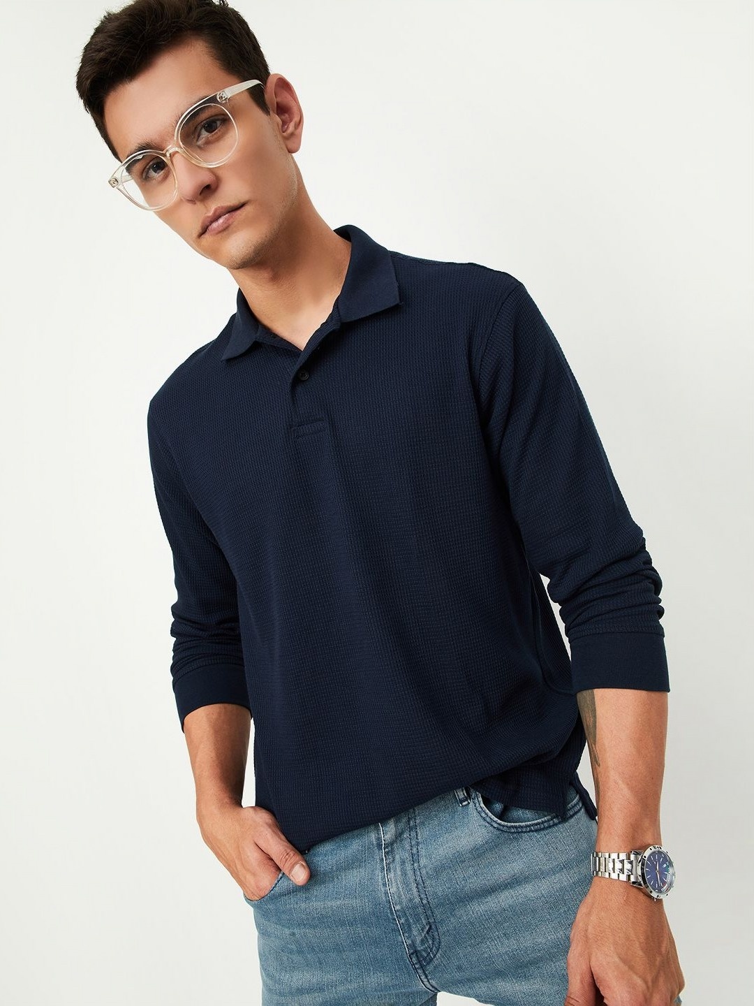 

max Men Solid Polo Collar Cotton T-shirt, Navy blue