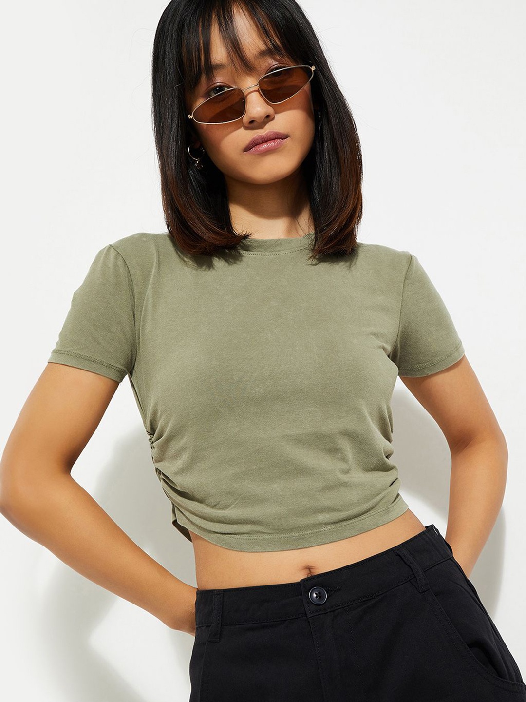 

MAX URB_N Women Acid Wash Crop T-shirt, Olive