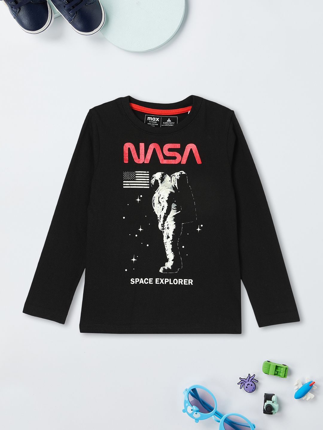

max Boys Graphic Printed Round Neck Cotton NASA T-shirt, Black