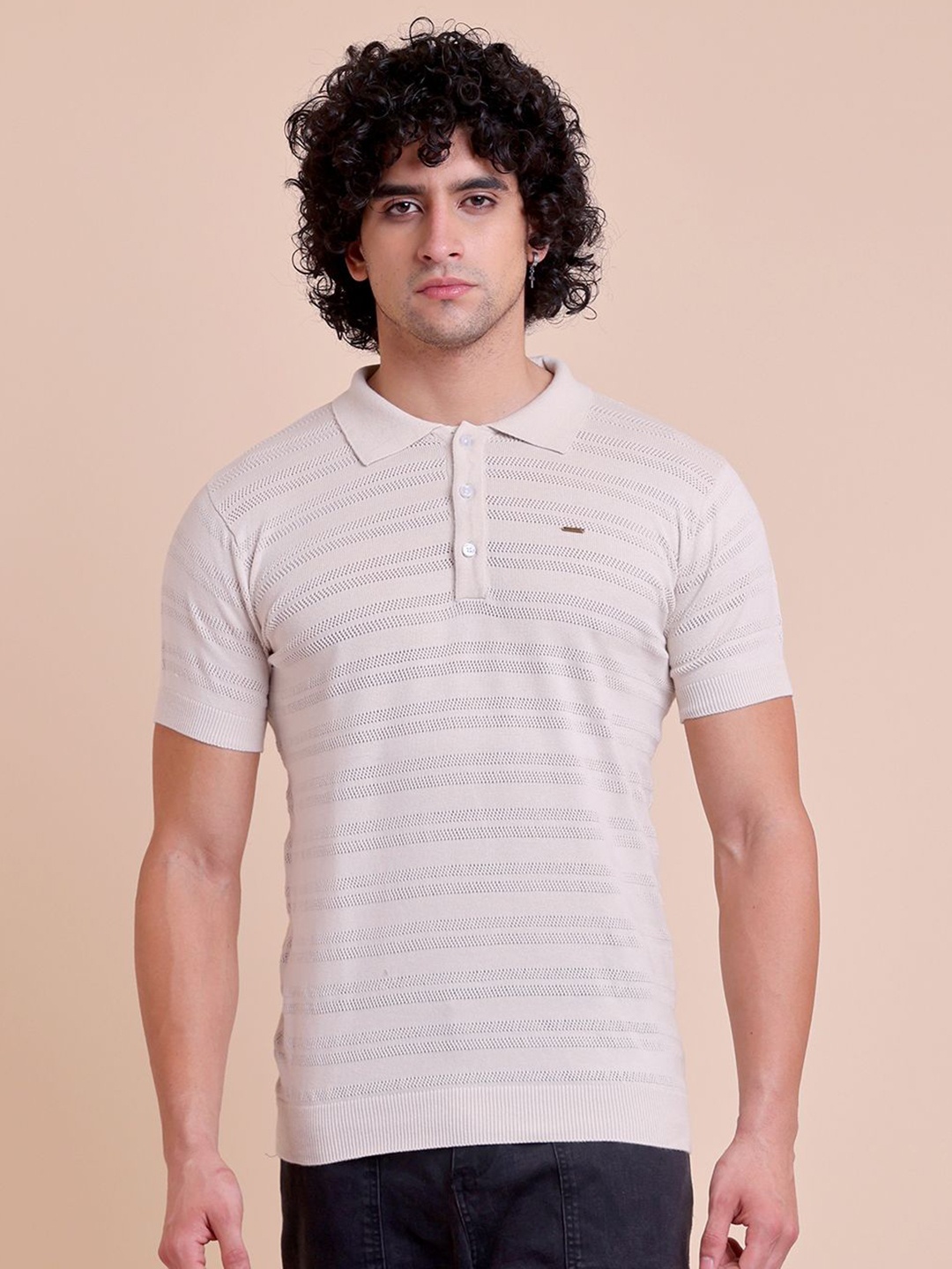 

berry blues Men Polo Collar Pure Cotton Slim Fit T-shirt, Off white