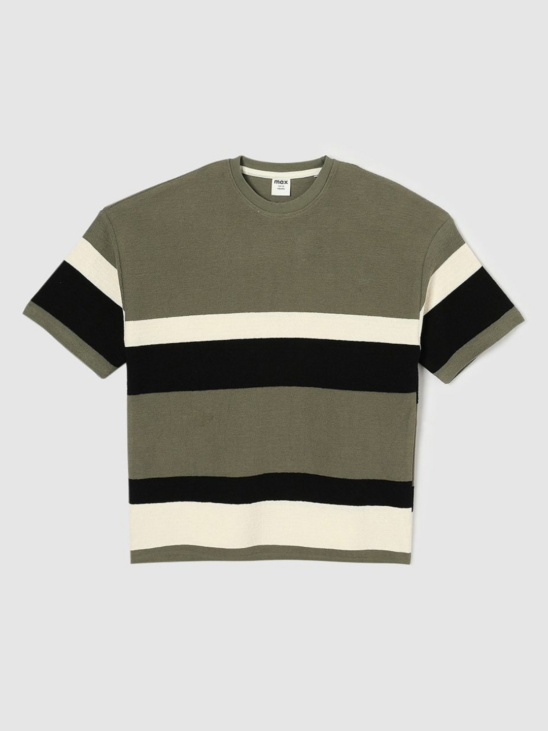 

max Boys Striped Round Neck Cotton T-shirt, Olive