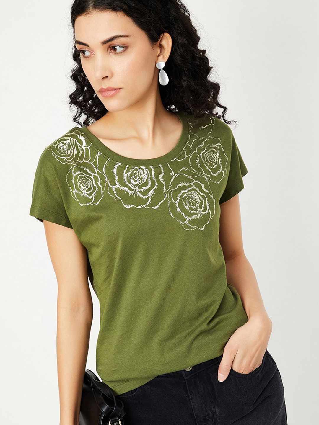 

max Women Graphic Printed Round Neck Cotton T-shirt, Olive