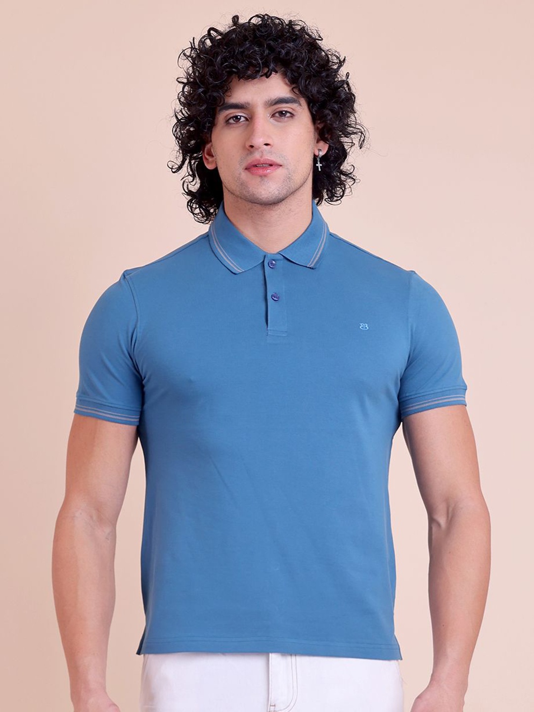 

berry blues Men Polo Collar Pure Cotton Slim Fit T-shirt, Blue