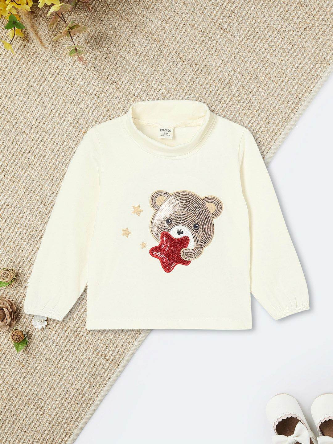 

max Girls Self Design Turtle Neck Cotton T-shirt, Off white