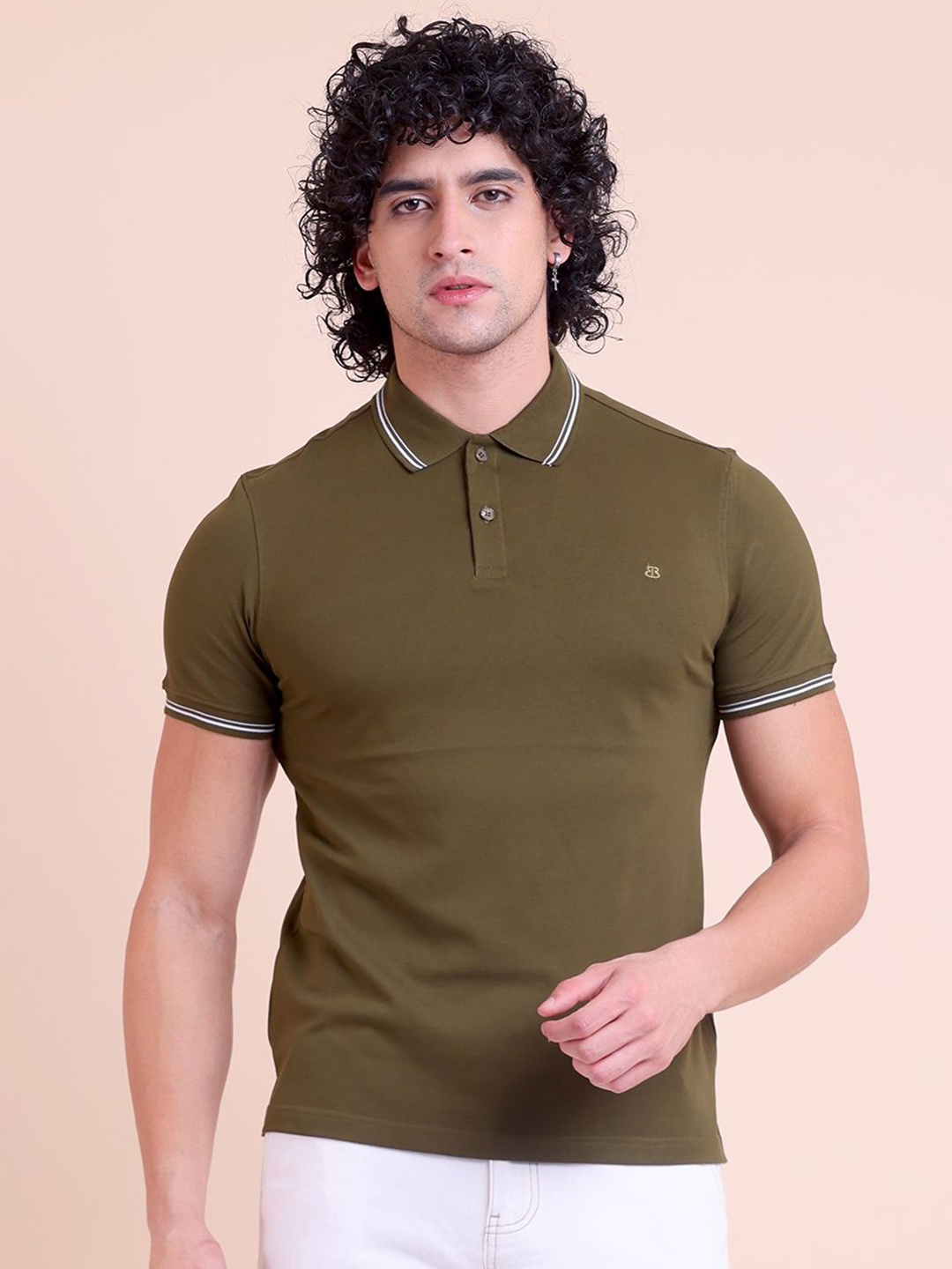 

berry blues Men Polo Collar Pure Cotton Slim Fit T-shirt, Olive